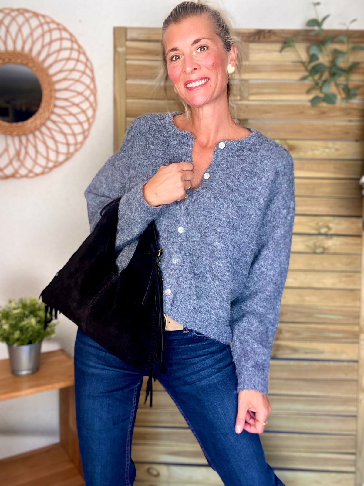 Sac hobo en cuir daim avec franges AARON - Noir - DÉSTOCKAGE