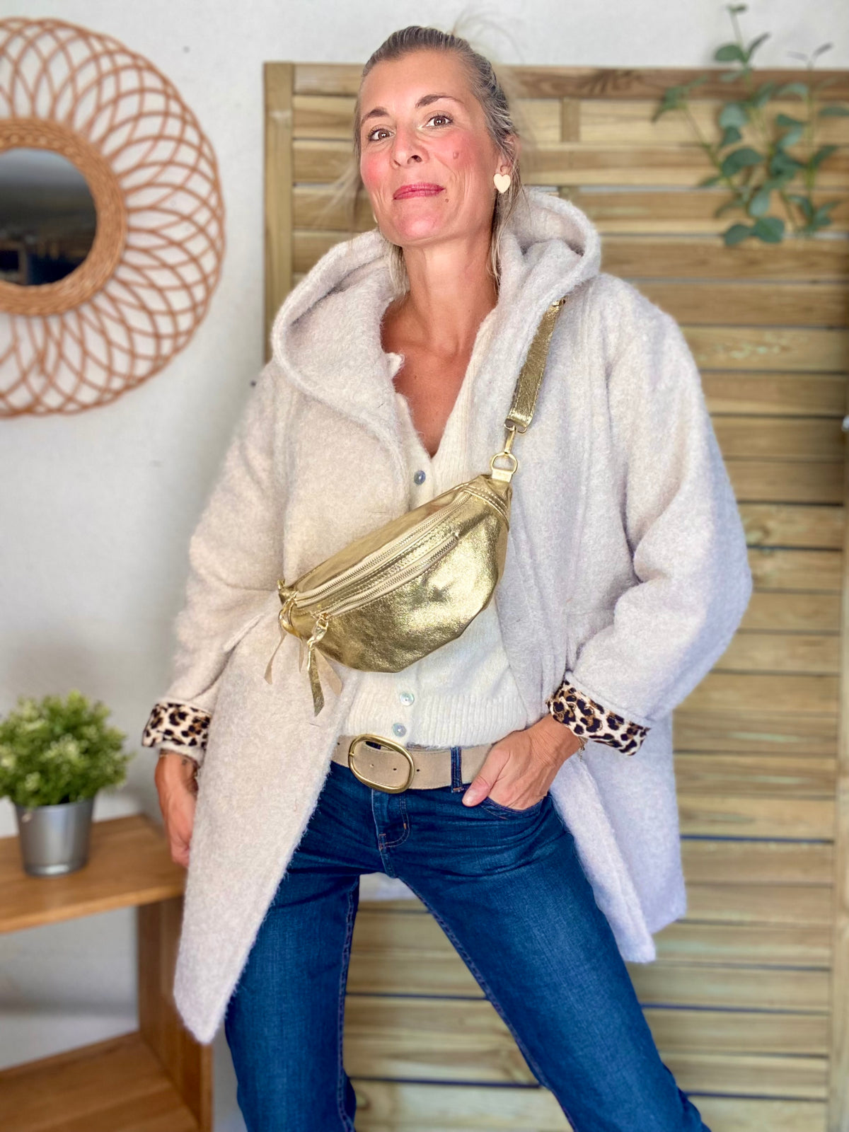 Sac banane en cuir irisé double poche - OPALE - Doré / doré