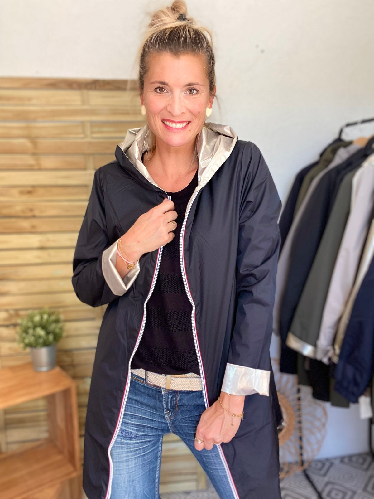 LAURA JO - Imperméable réversible léger GARANCE LONG - Noir/Doré • DESTOCKAGE sur Taille S