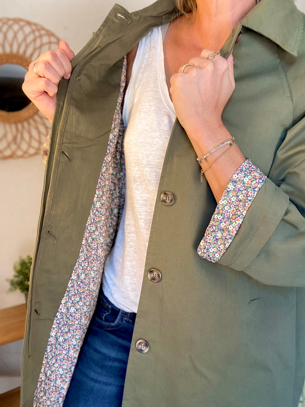 Veste Trench en coton kaki avec Liberty - MAHAUT MI LONG - LILI et LALA • DÉSTOCKAGE sur Taille S