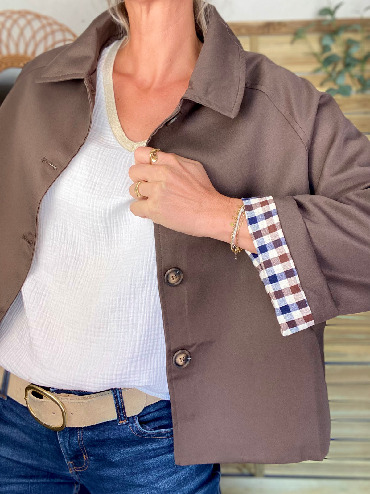 Veste Trench en coton, revers carreaux - YSEULT court Chocolat