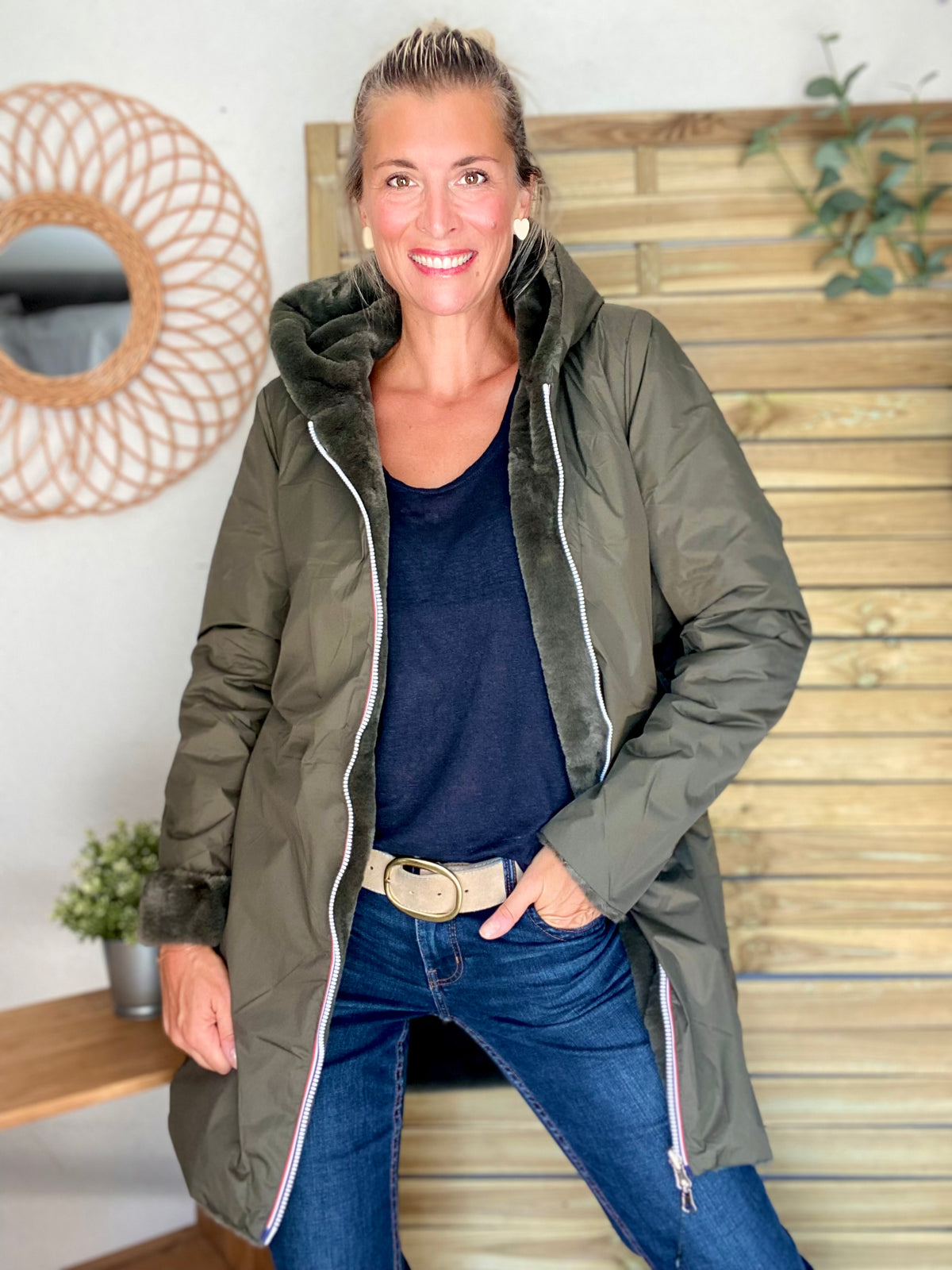LAURA JO - Parka Imperméable réversible fourrée Kaki / Kaki ALIX Long • DÉSTOCKAGE sur Taille S