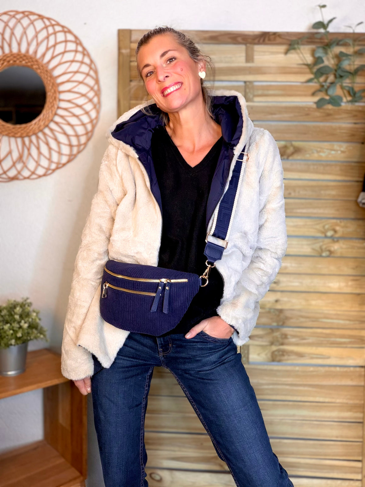 LAURA JO - Parka Imperméable réversible fourrée Marine / Beige ALIX Court • DÉSTOCKAGE