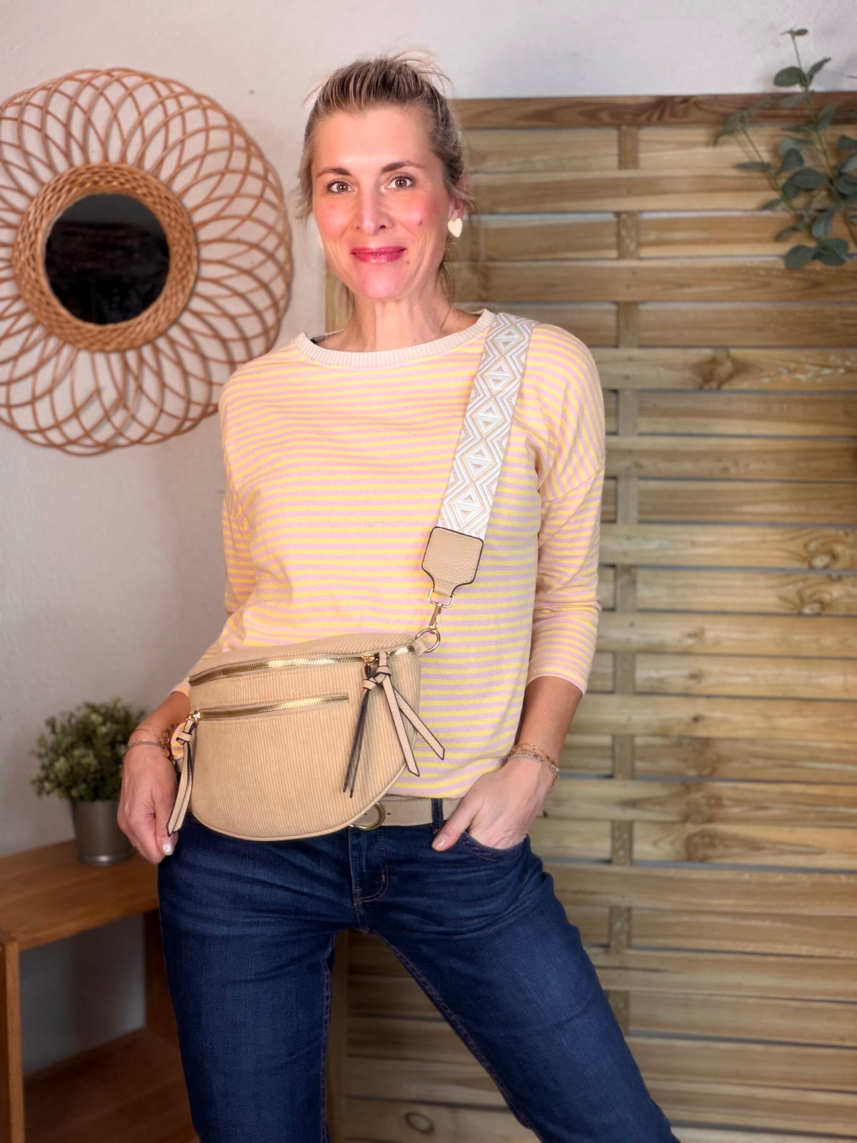 Sac banane en velours côtelé, sangle fantaisie - KATY - Camel clair - FIN DE SÉRIE
