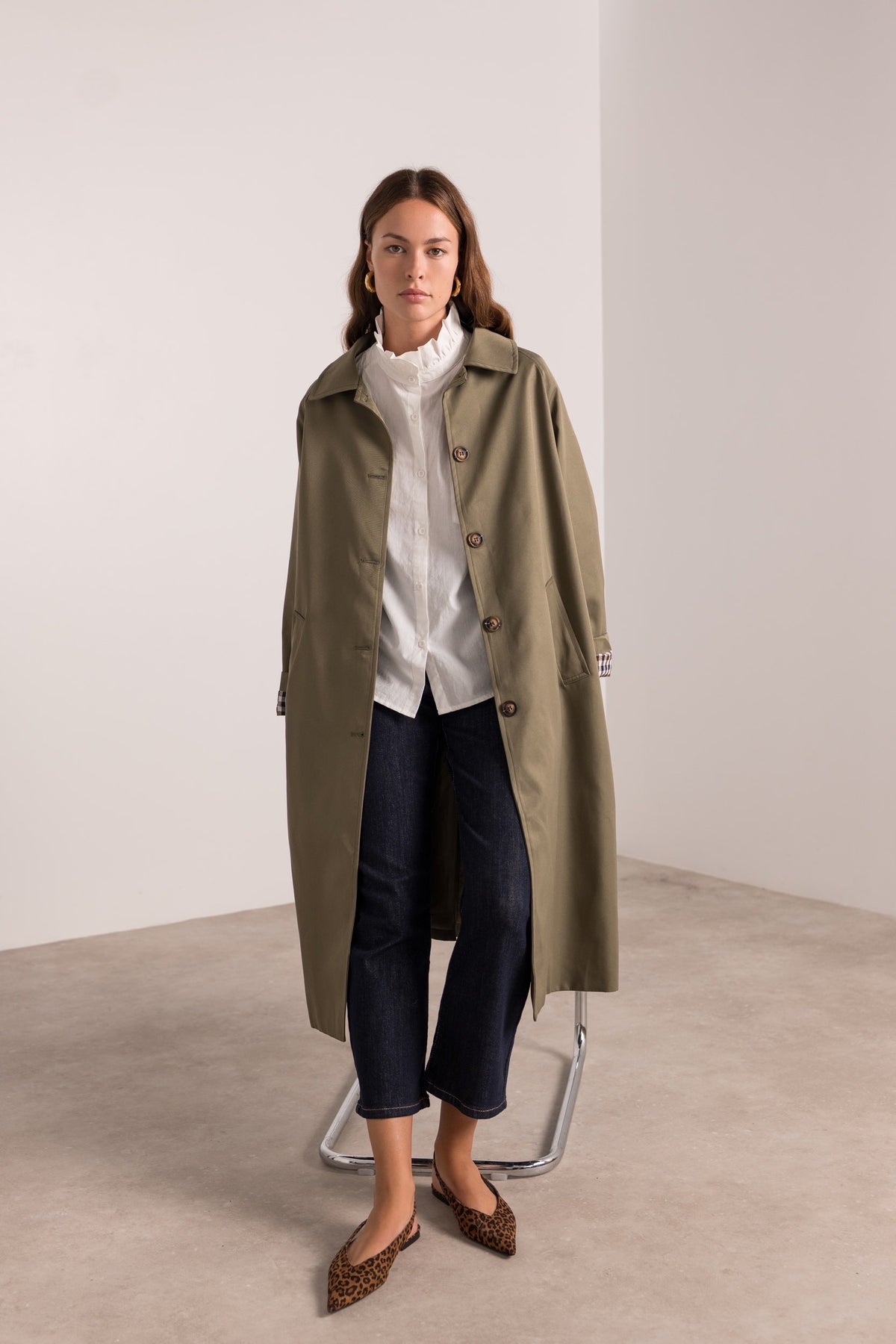 Veste Trench en coton, revers carreaux - YSEULT long Kaki