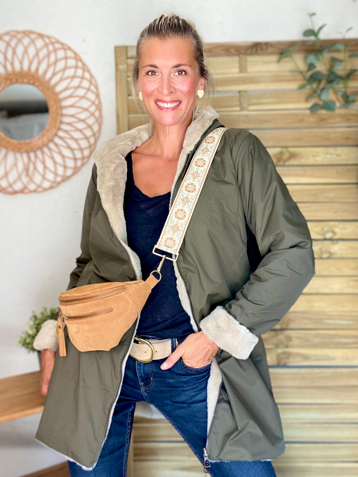 LAURA JO - Parka Imperméable réversible fourrée Kaki / Beige ALIX Long