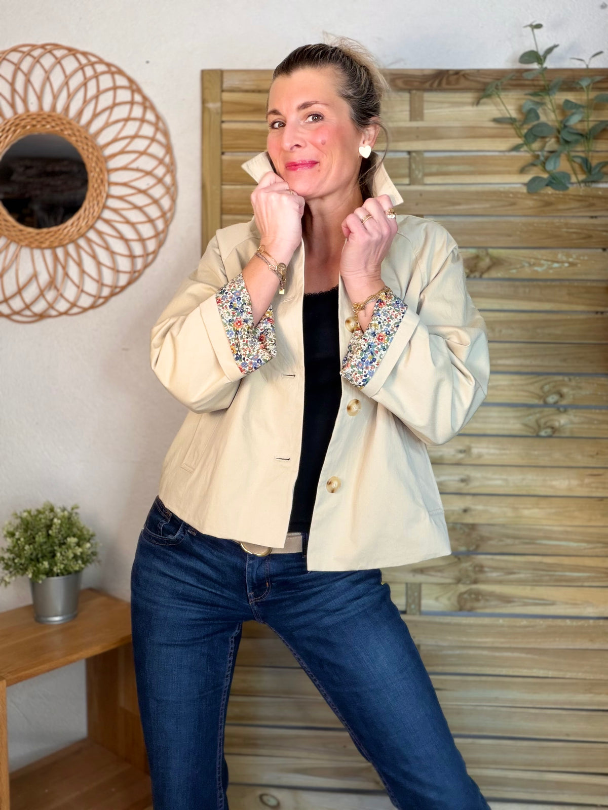 Veste Trench en coton beige avec Liberty - MARION (Taille 2 ans à la Taille XL)