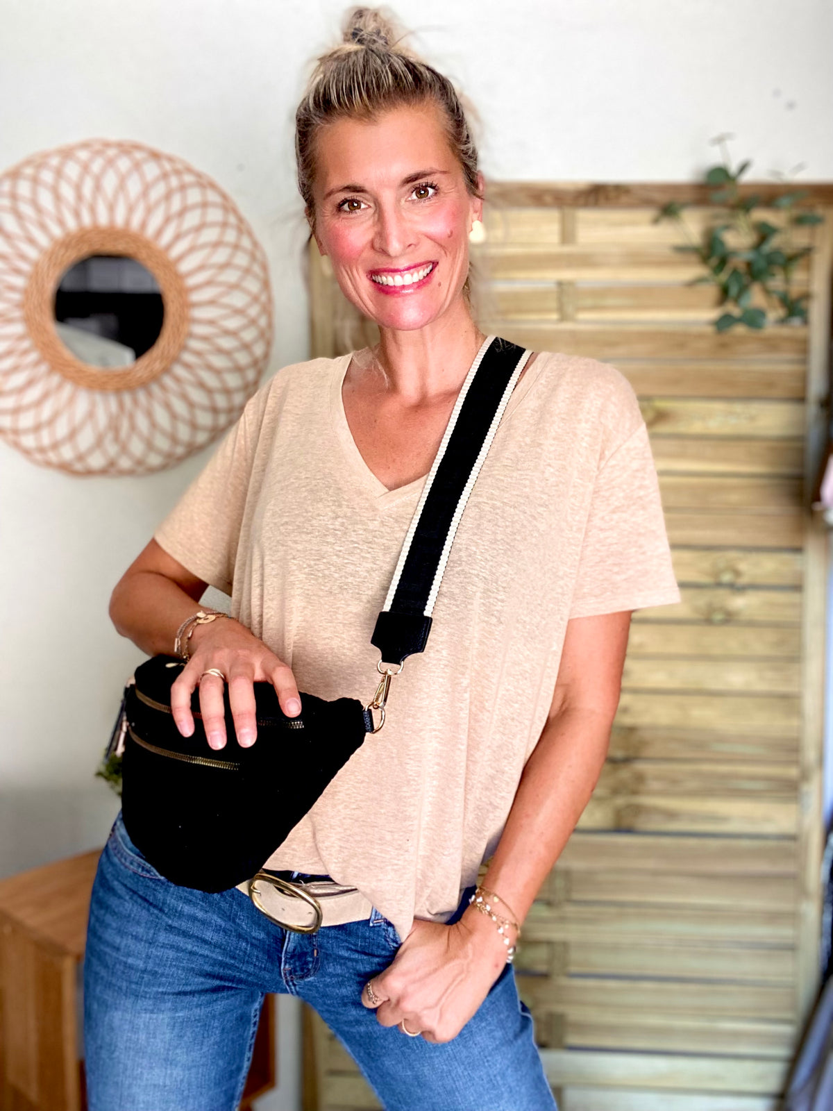 Sac banane XL en velours côtelé 2 zips et sangle fantaisie - WENDY - Noir
