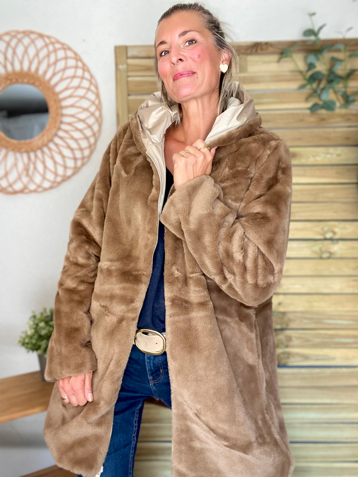 LAURA JO - Parka Imperméable réversible fourrée Sable irisé / Camel ALIX Long