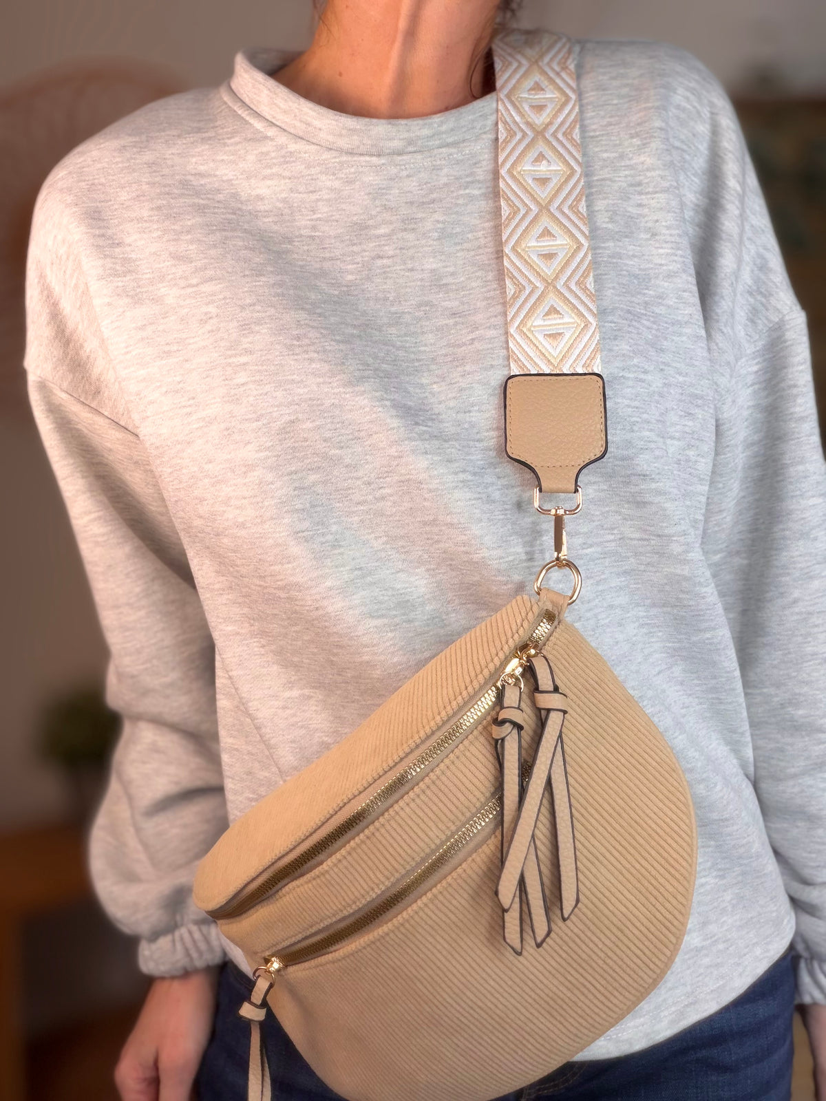 Sac banane en velours côtelé, sangle fantaisie - KATY - Camel clair - FIN DE SÉRIE