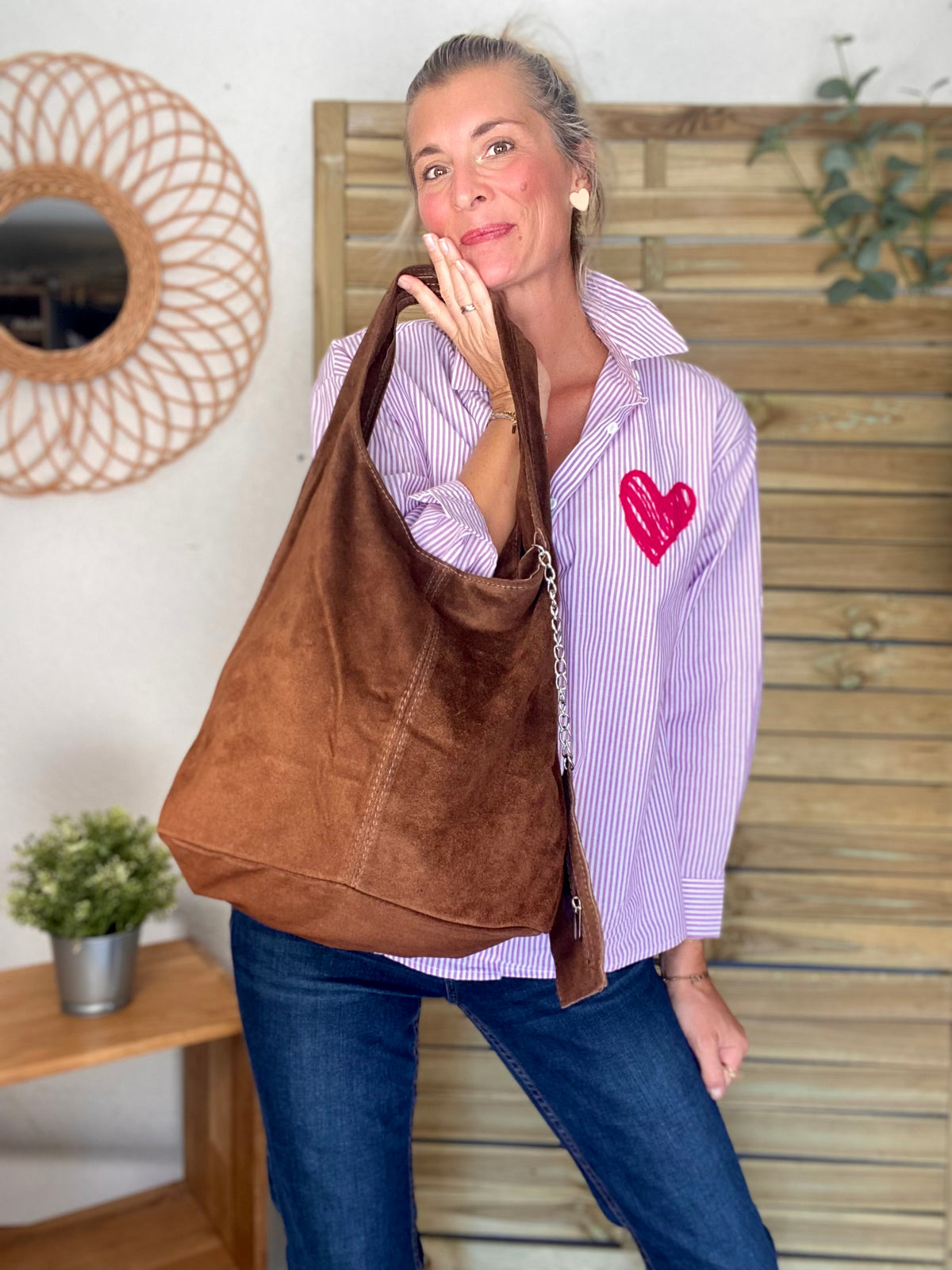 Sac cabas hobo cuir daim MARLON - Chocolat