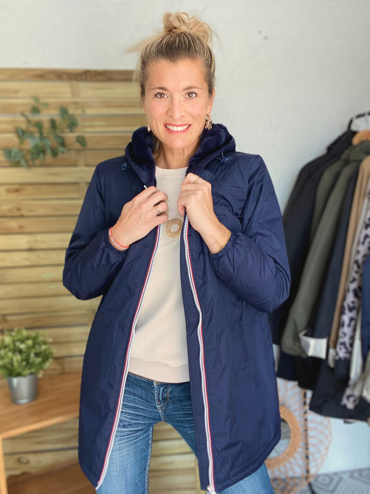 LAURA JO - Parka Imperméable LOUISE LONG fourré - Bleu Marine • DÉSTOCKAGE Taille S