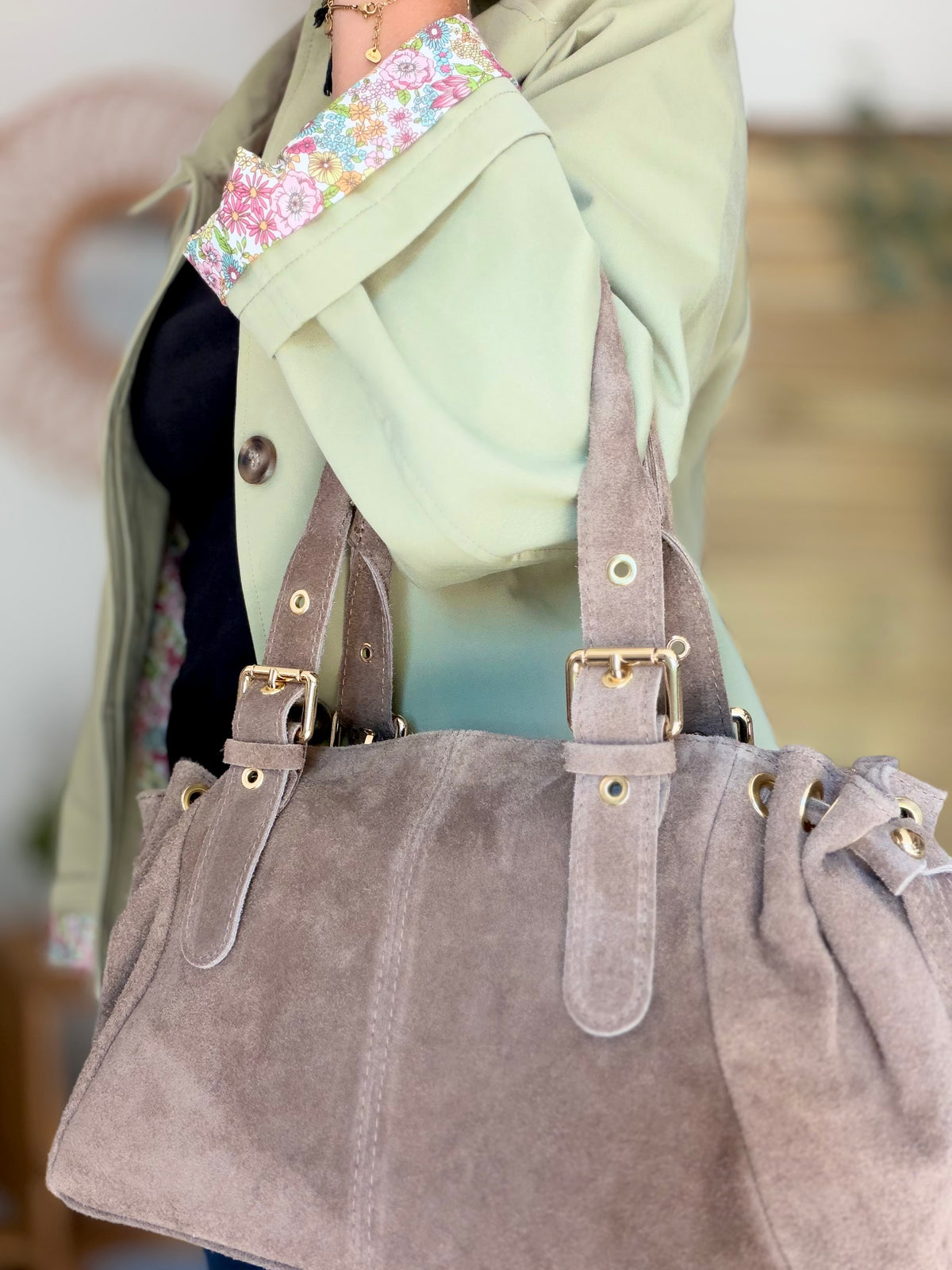 Sac à main en cuir daim GERY - Taupe