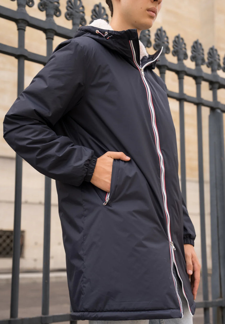 LAURA JO - Parka Imperméable Homme LOUIS* LONG Bleu marine / sherpa écru • DÉSTOCKAGE sur Taille S