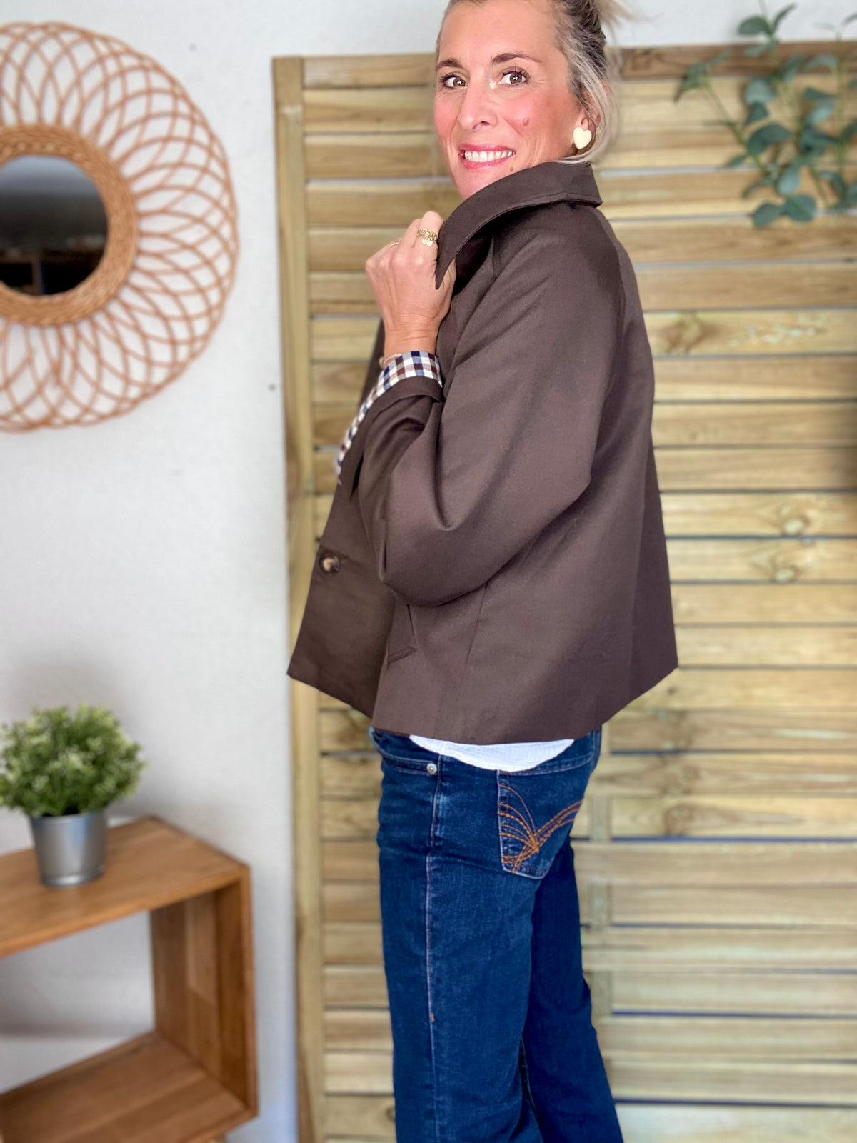 Veste Trench en coton, revers carreaux - YSEULT court Chocolat