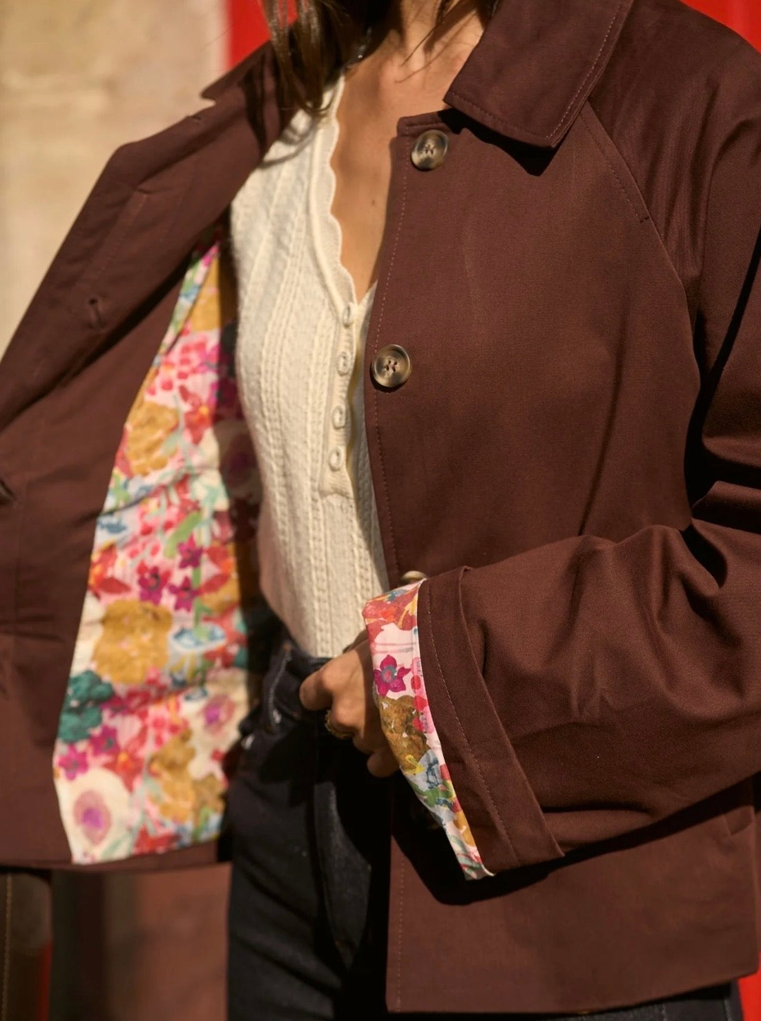 Veste Trench en coton Bordeaux fleuri - MAHAUT - LILI et LALA