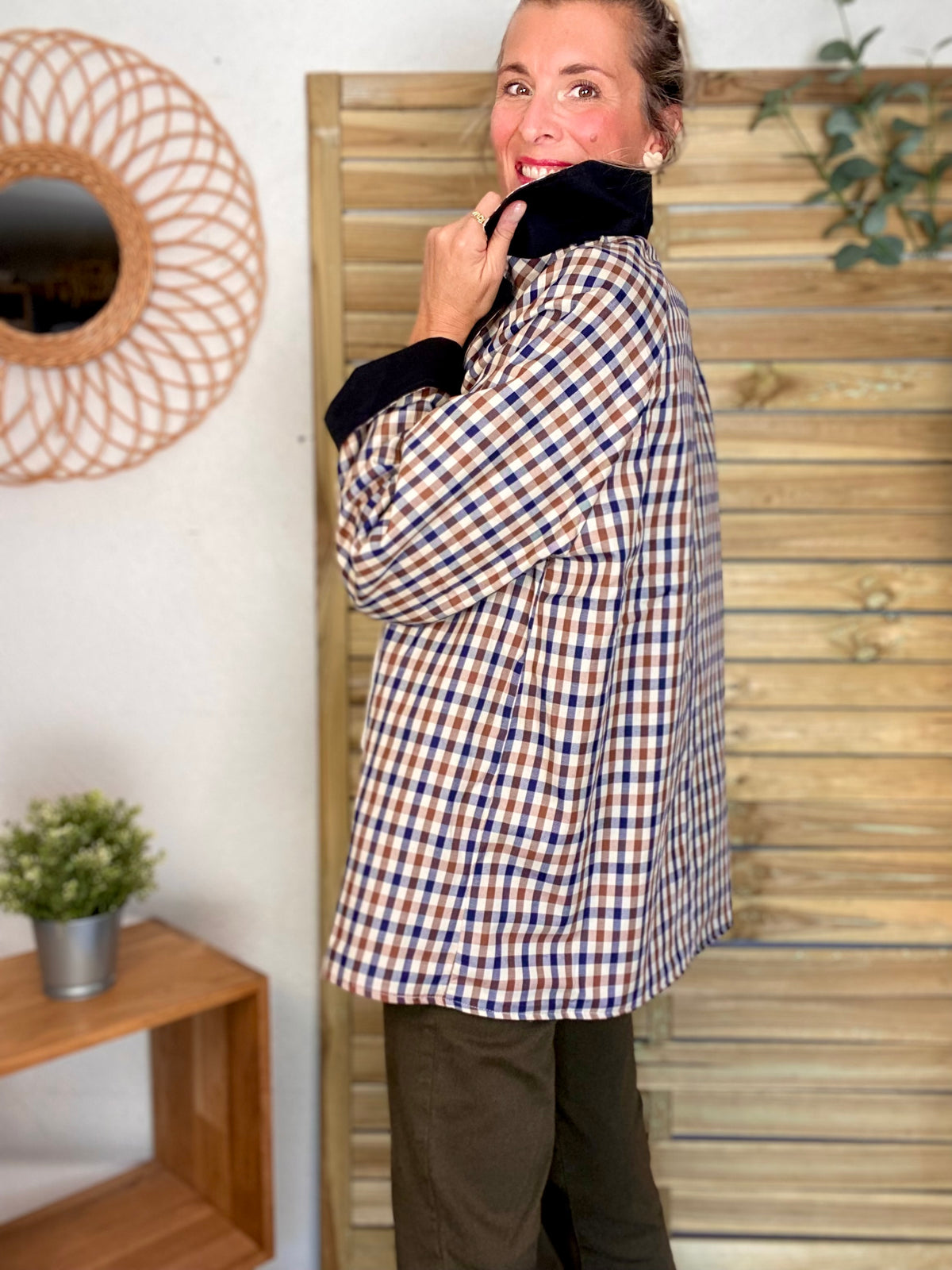 Veste Trench mi long réversible vichy LENA Noir - FIN DE SÉRIE