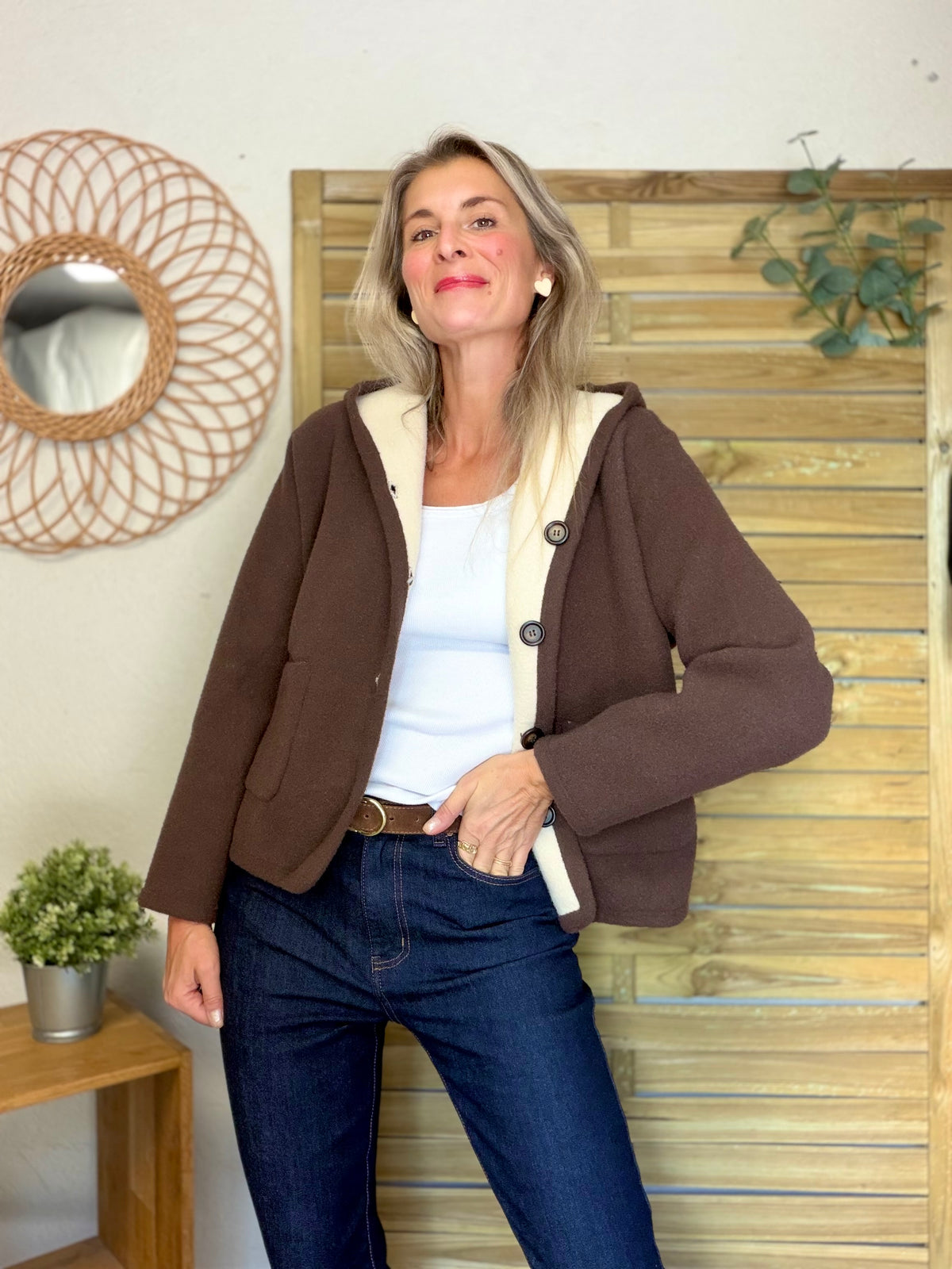 Veste / Gilet chaud réversible avec capuche ORIANE Choco / Beige
