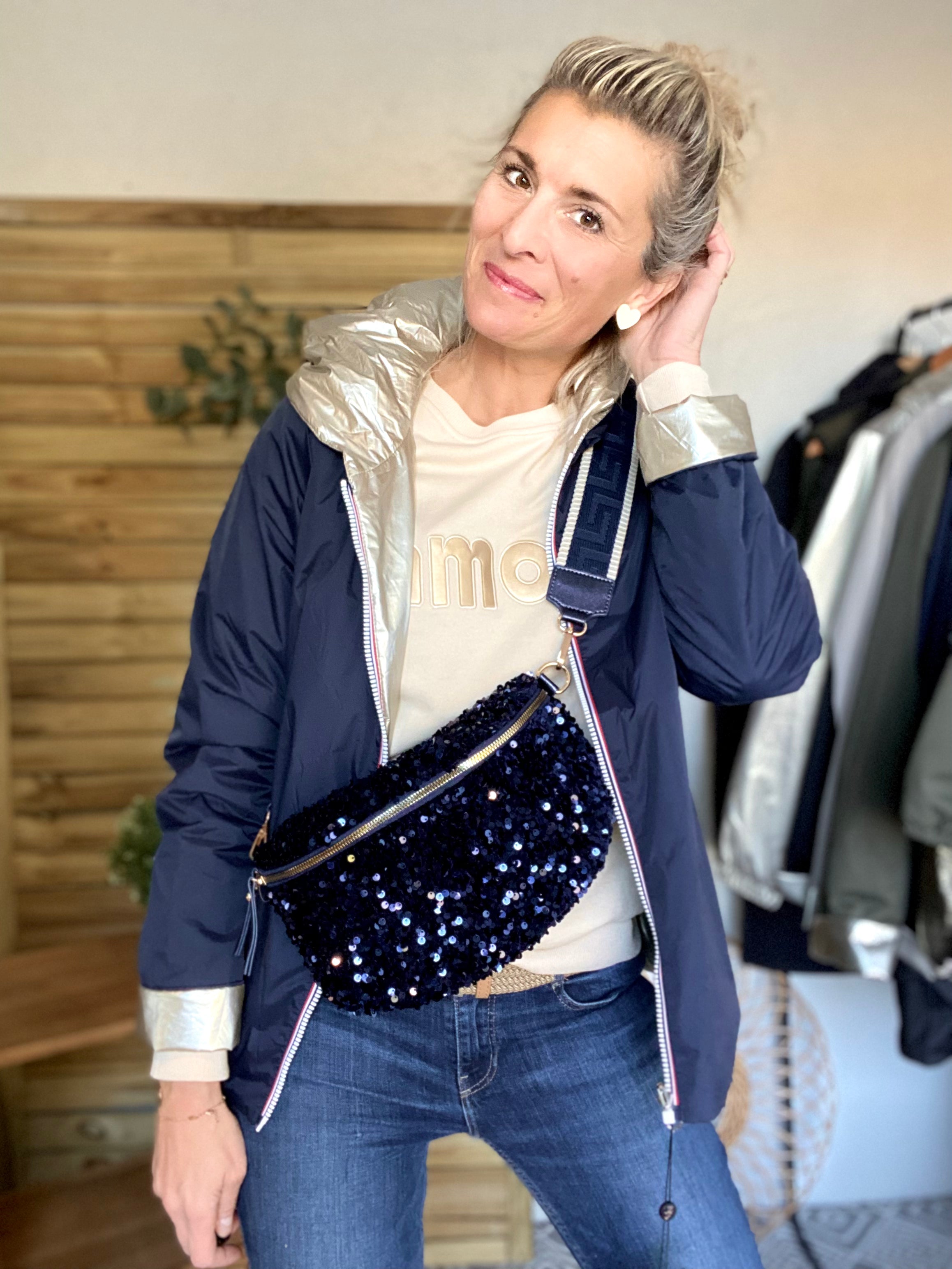 Sac banane L à sequins 30cm et sangle fantaisie - ROXY - Bleu marine