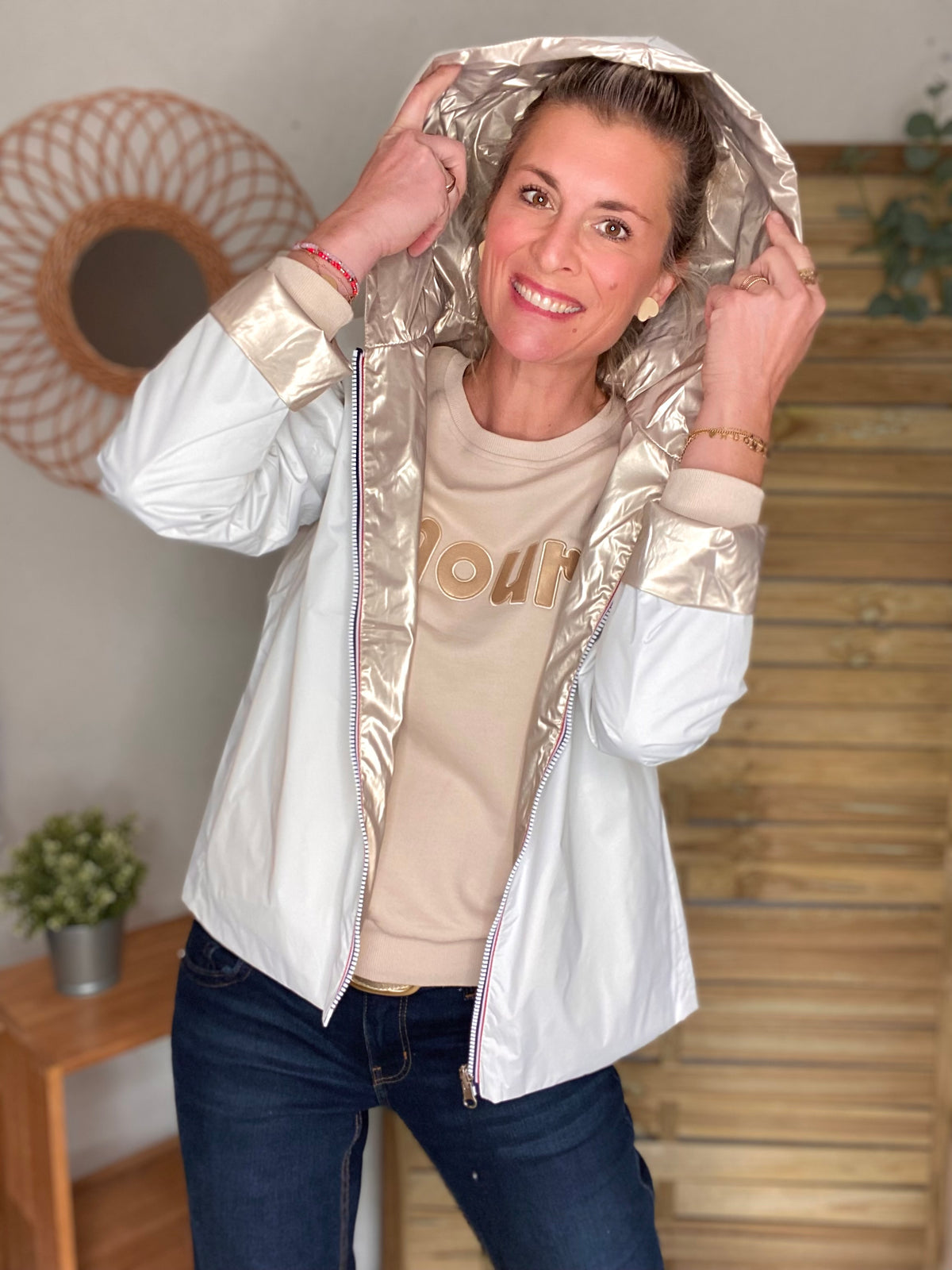 LAURA JO - Imperméable réversible GARANCE COURT léger - Blanc/Doré
