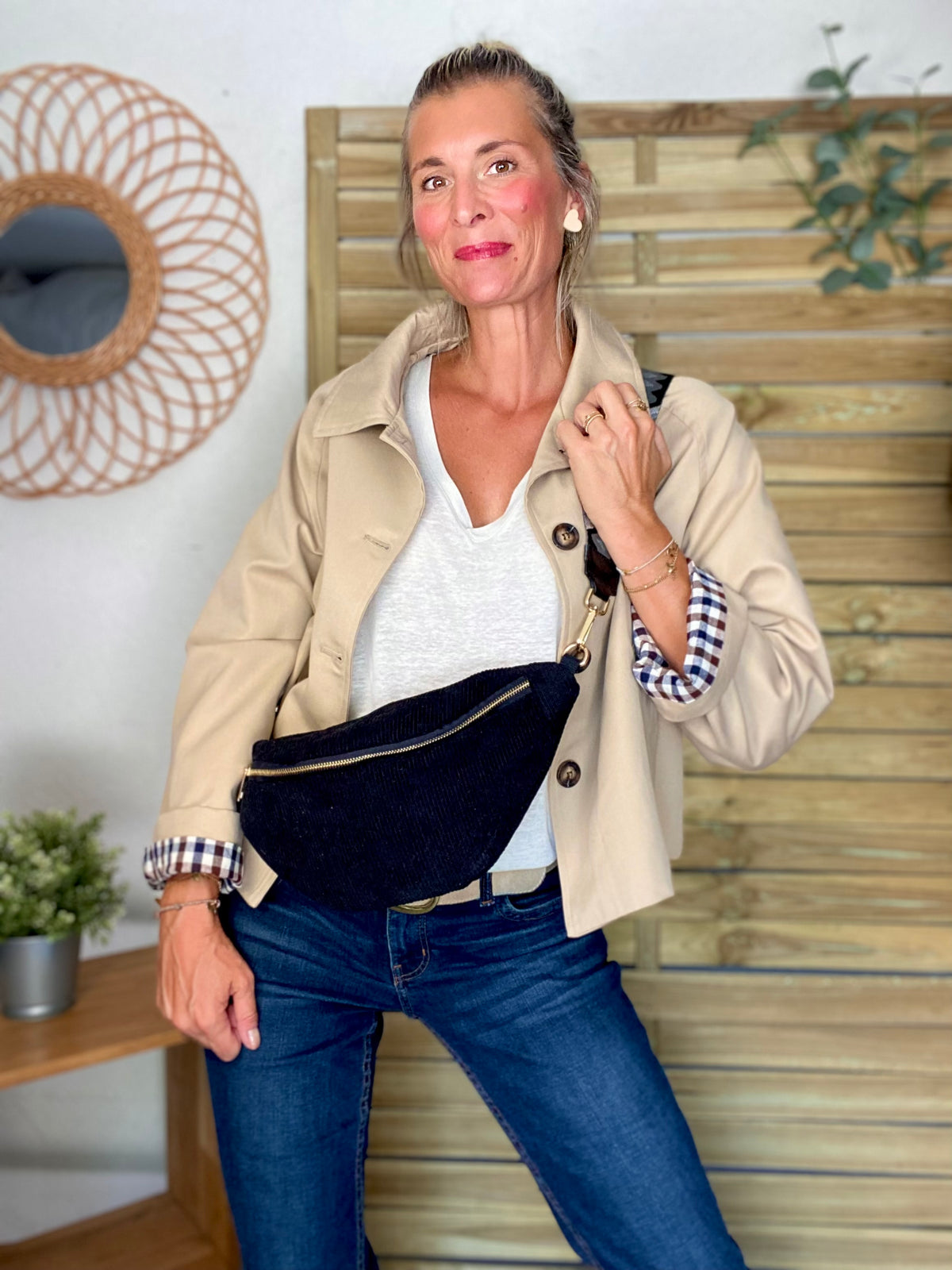 Veste Trench en coton, revers carreaux - YSEULT court Beige