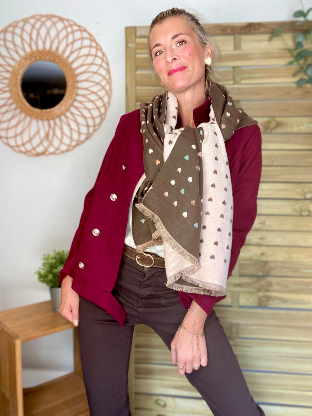 Écharpe douce réversible Coeurs SIMONE - Choco / Beige 💙🩷💛