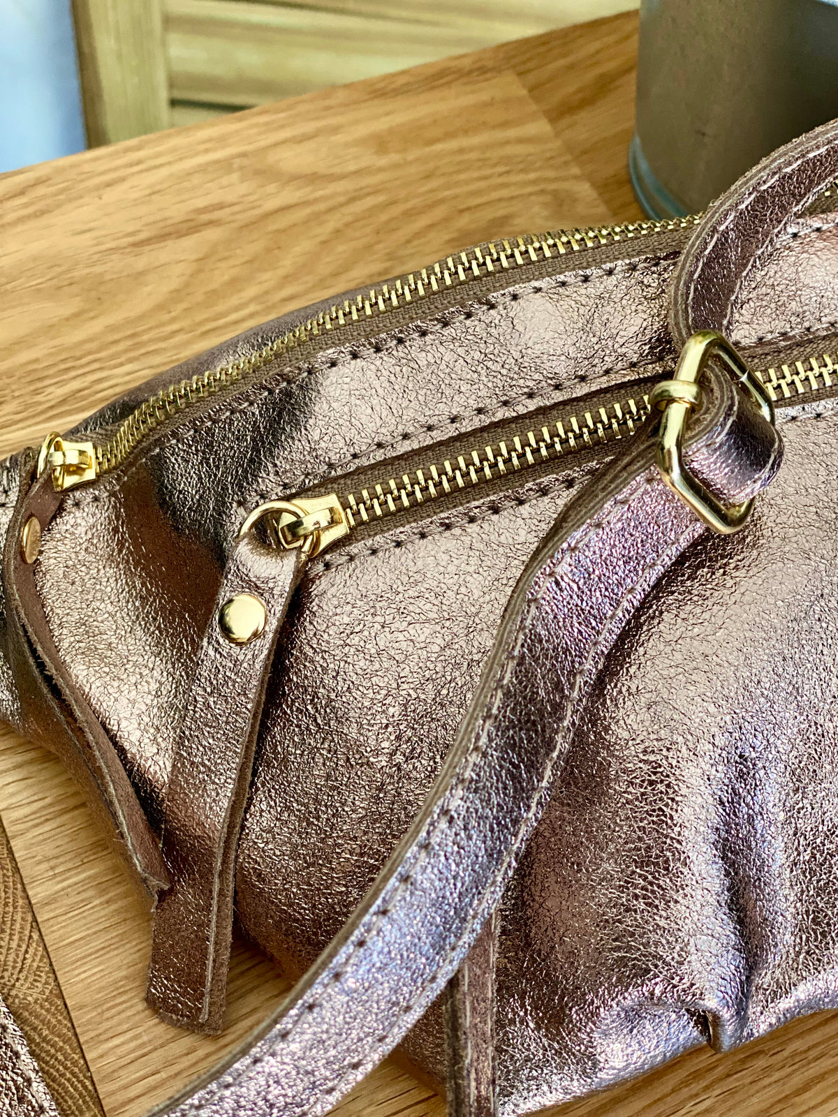 Sac banane en cuir irisé double poche - ERYN fronces - Bronze