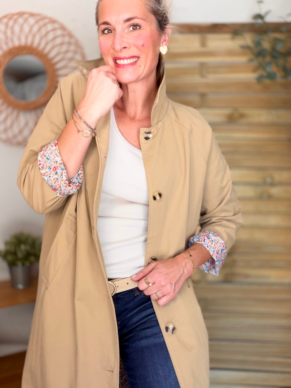 Veste Trench mi long en coton Camel avec Liberty CALLIE
