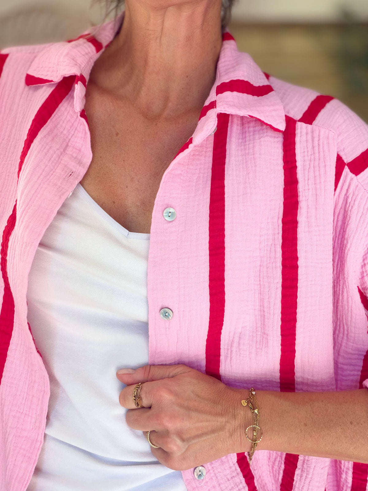 Chemise en gaze de coton rayé FÉLICIE Rose rouge
