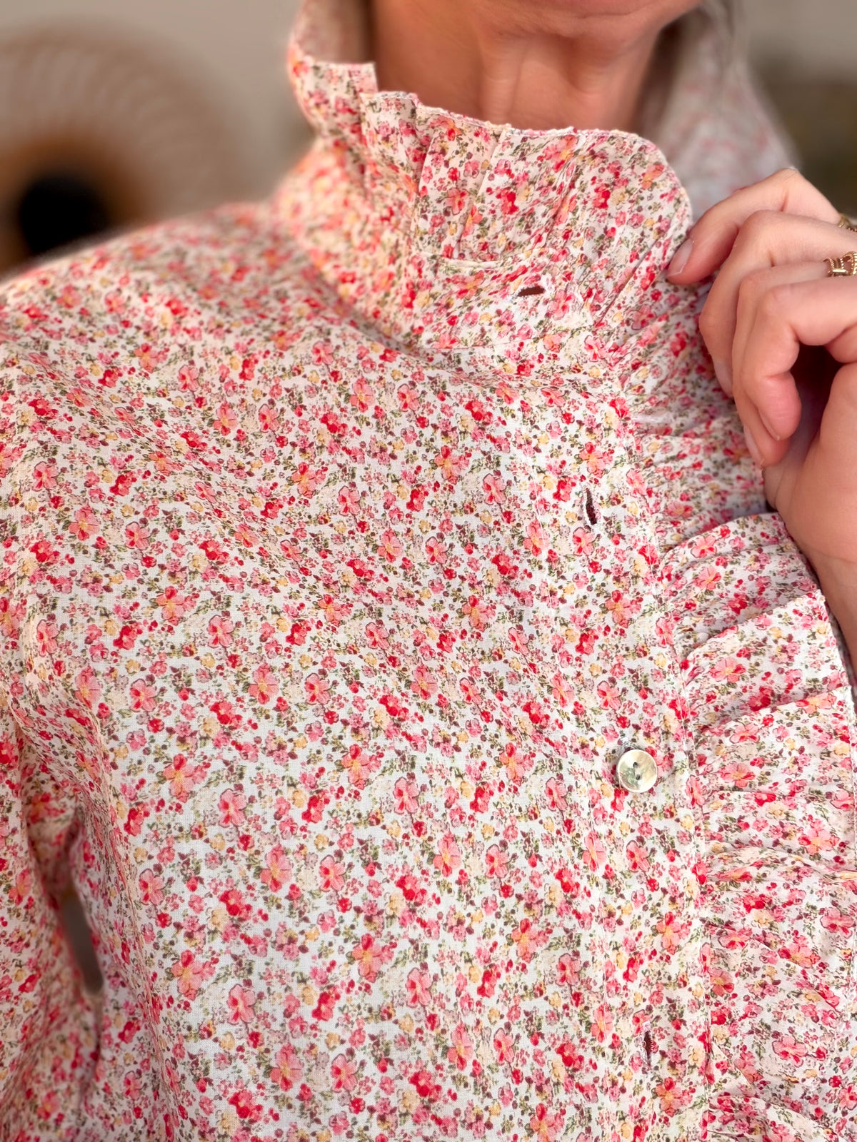 Chemise imprimée Liberty col volanté HÉLOÏSE - Rouge rosé - FIN DE SÉRIE