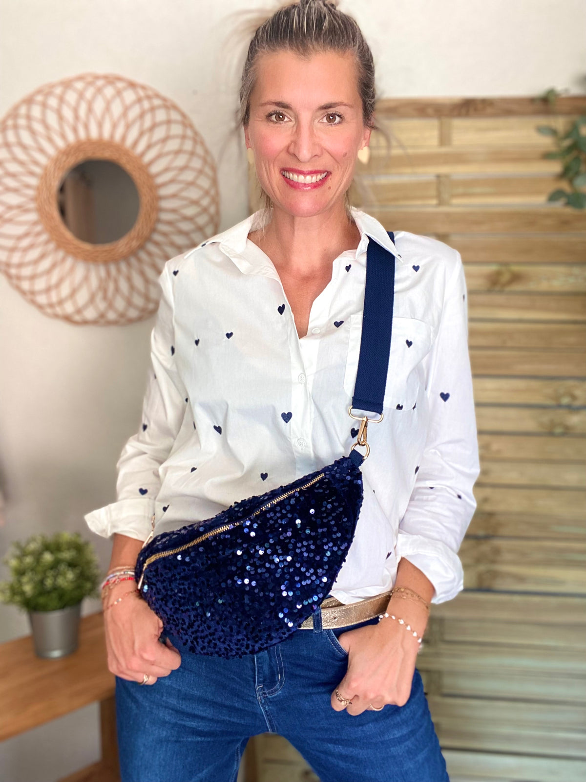 Sac banane L velours à sequins Ciao Boum - TAYLOR - Bleu marine