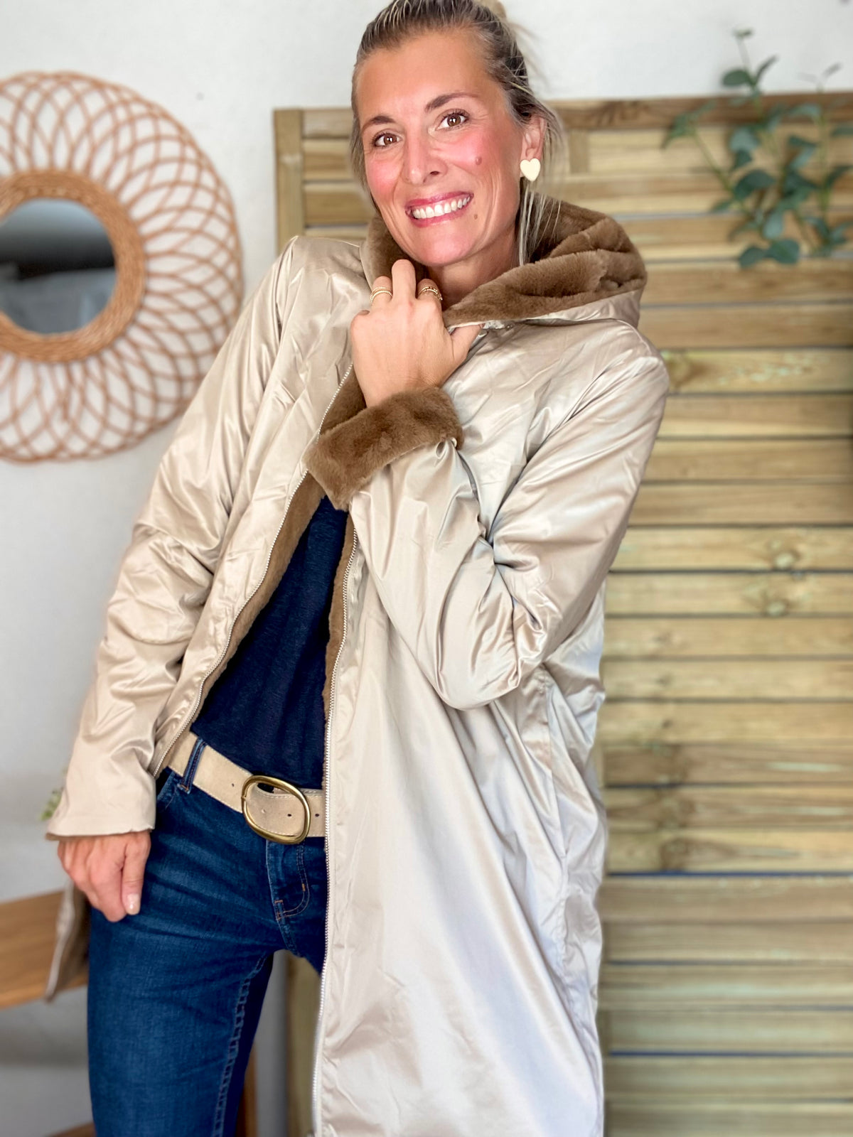 LAURA JO - Parka Imperméable réversible fourrée Sable irisé / Camel ALIX Long