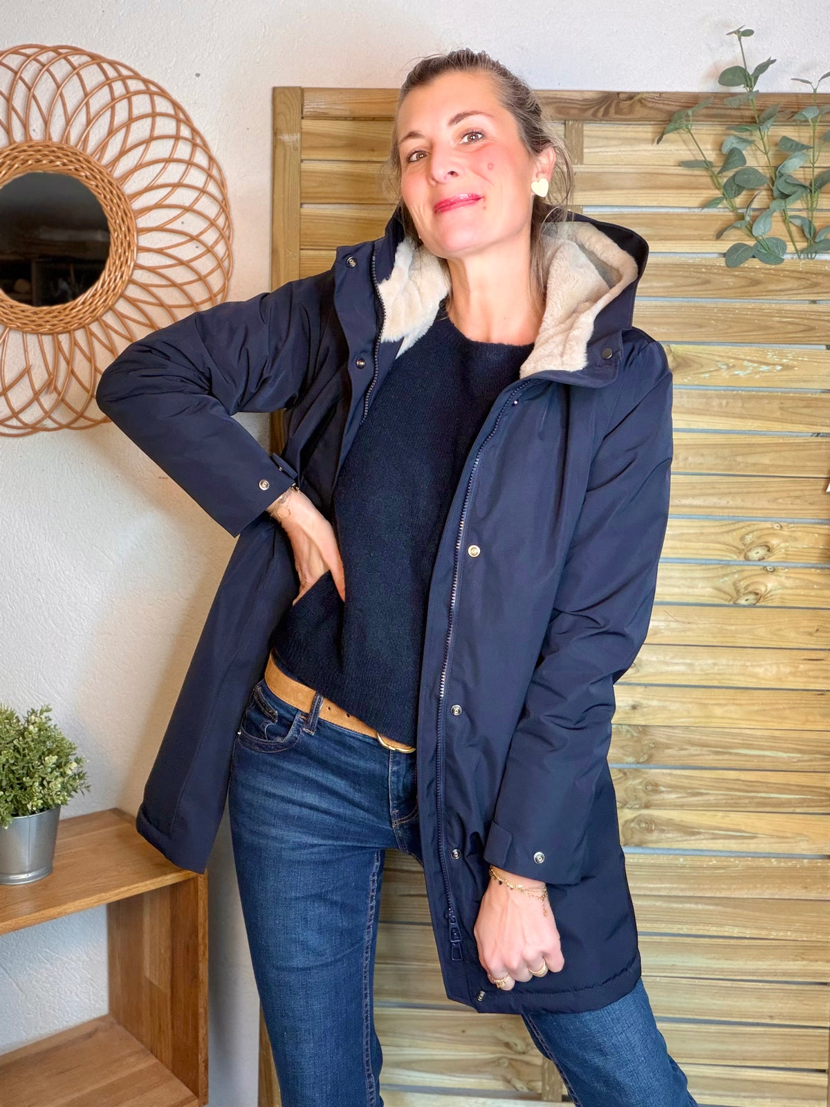 LAURA JO - Parka fourrée imperméable AMBRE LONG - Bleu marine / Beige