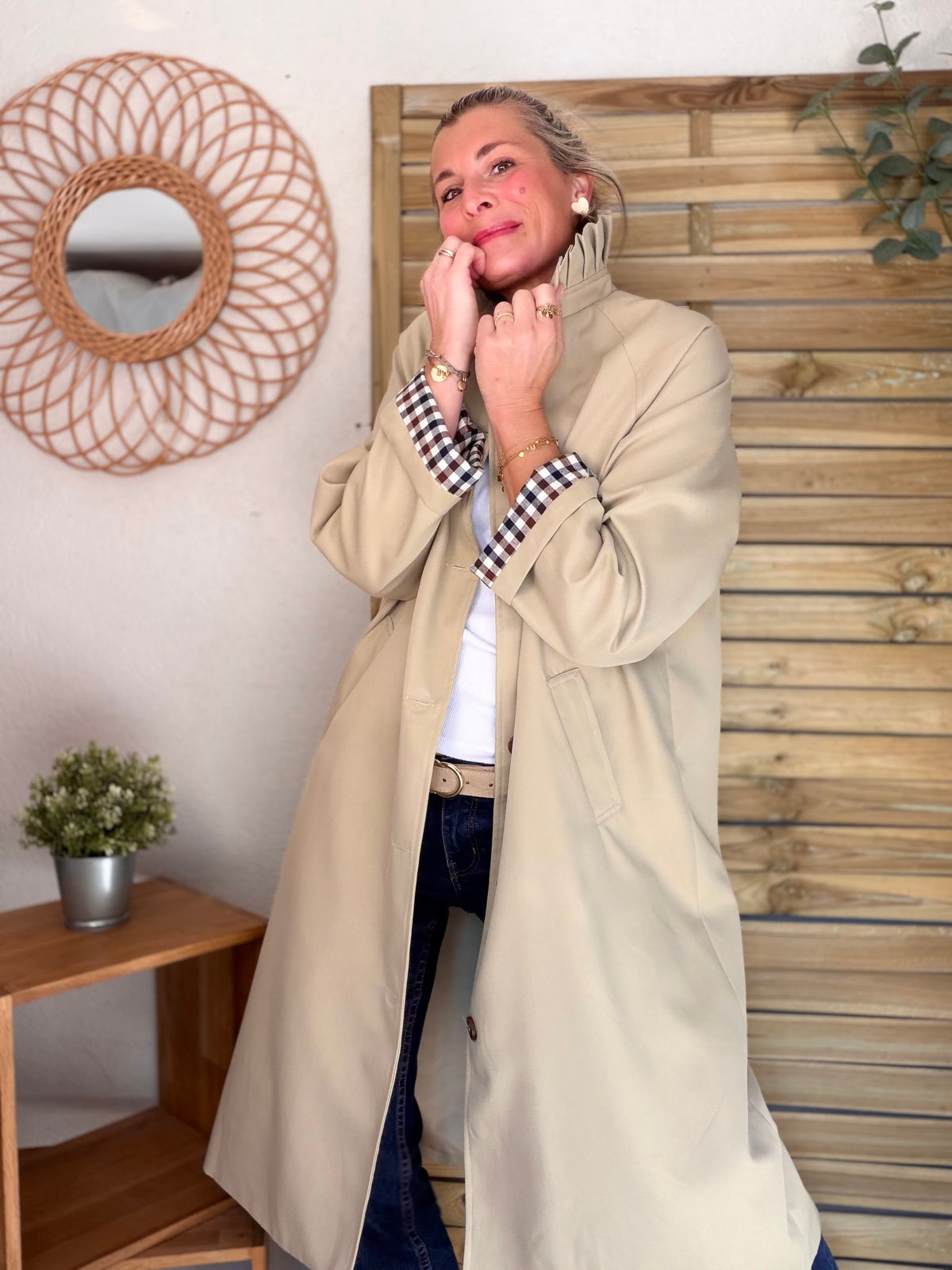 Veste Trench col victorien, revers carreaux - VICKY LONG Beige