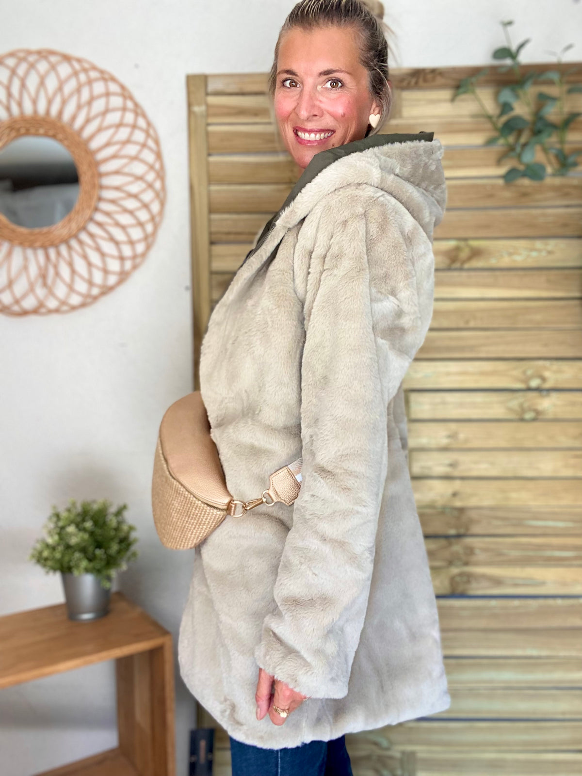 LAURA JO - Parka Imperméable réversible fourrée Kaki / Beige ALIX Long