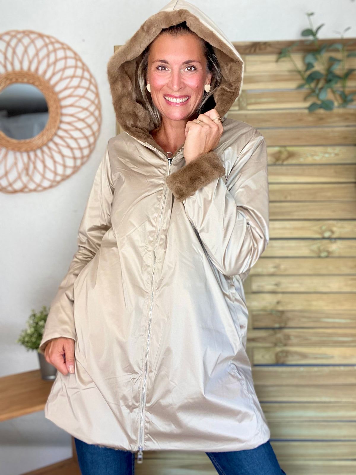 LAURA JO - Parka Imperméable réversible fourrée Sable irisé / Camel ALIX Long