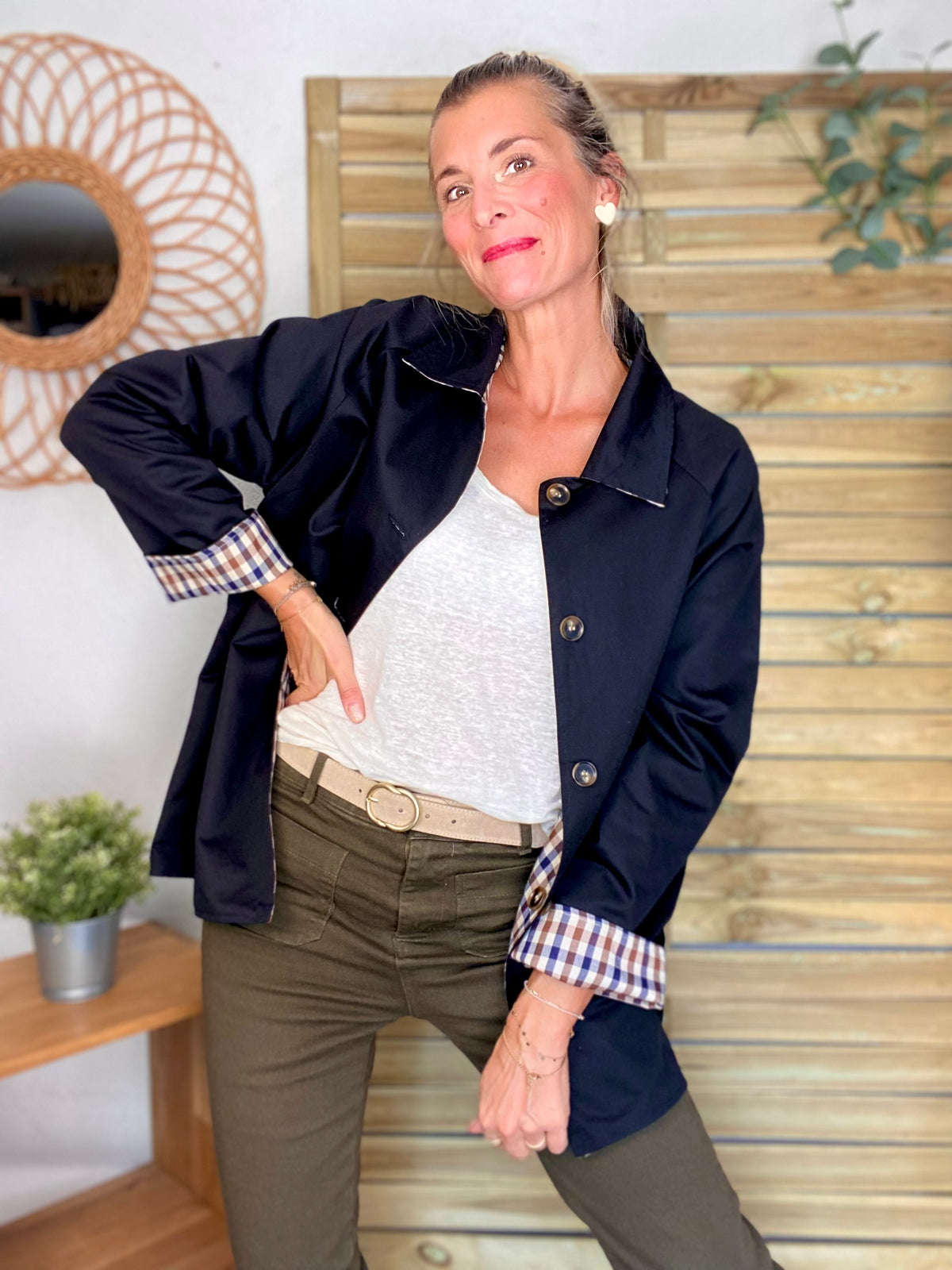 Veste Trench mi long réversible vichy LENA Noir - FIN DE SÉRIE