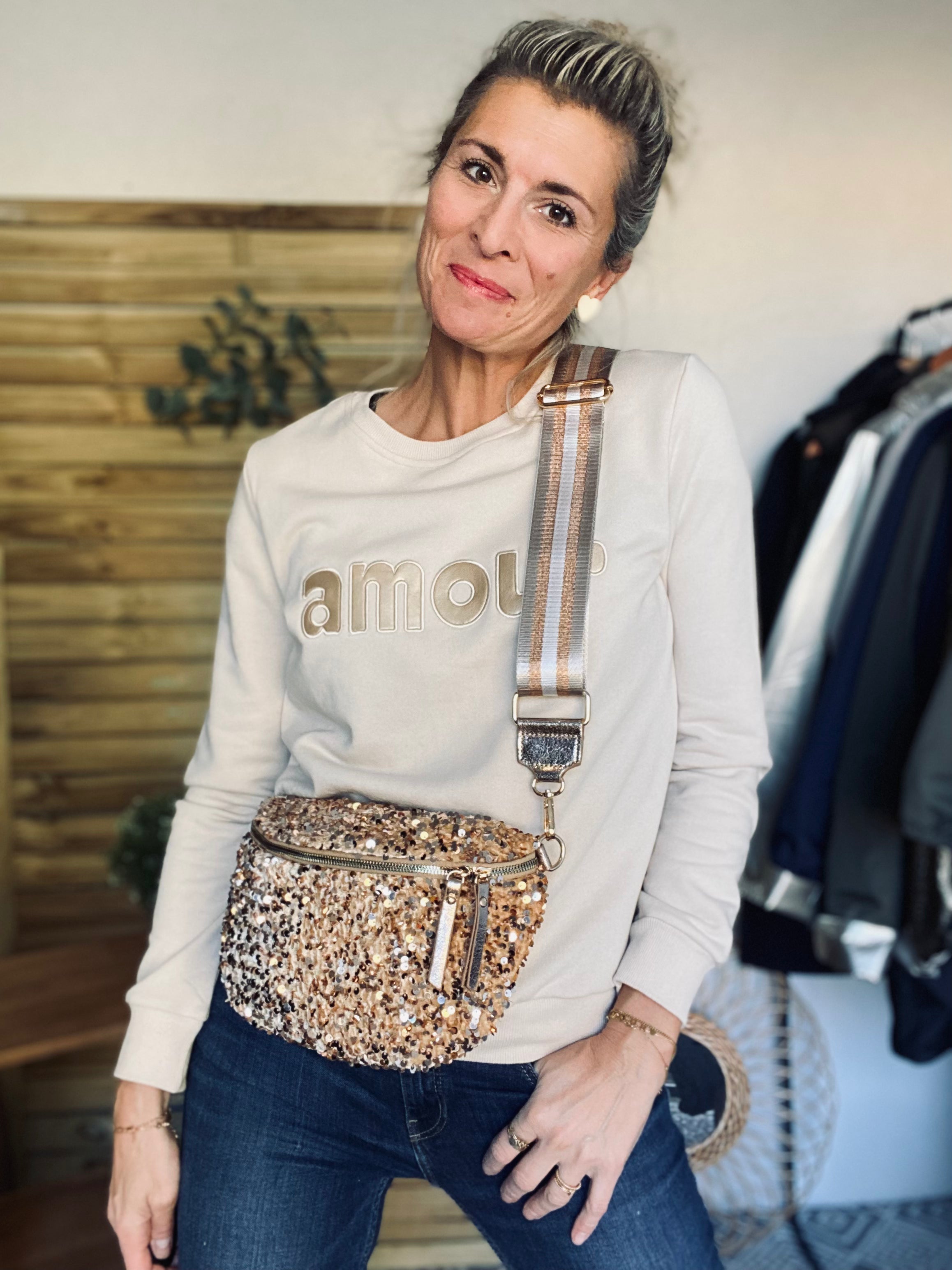 Sac banane L à sequins 30cm et sangle fantaisie - ROXY - Doré