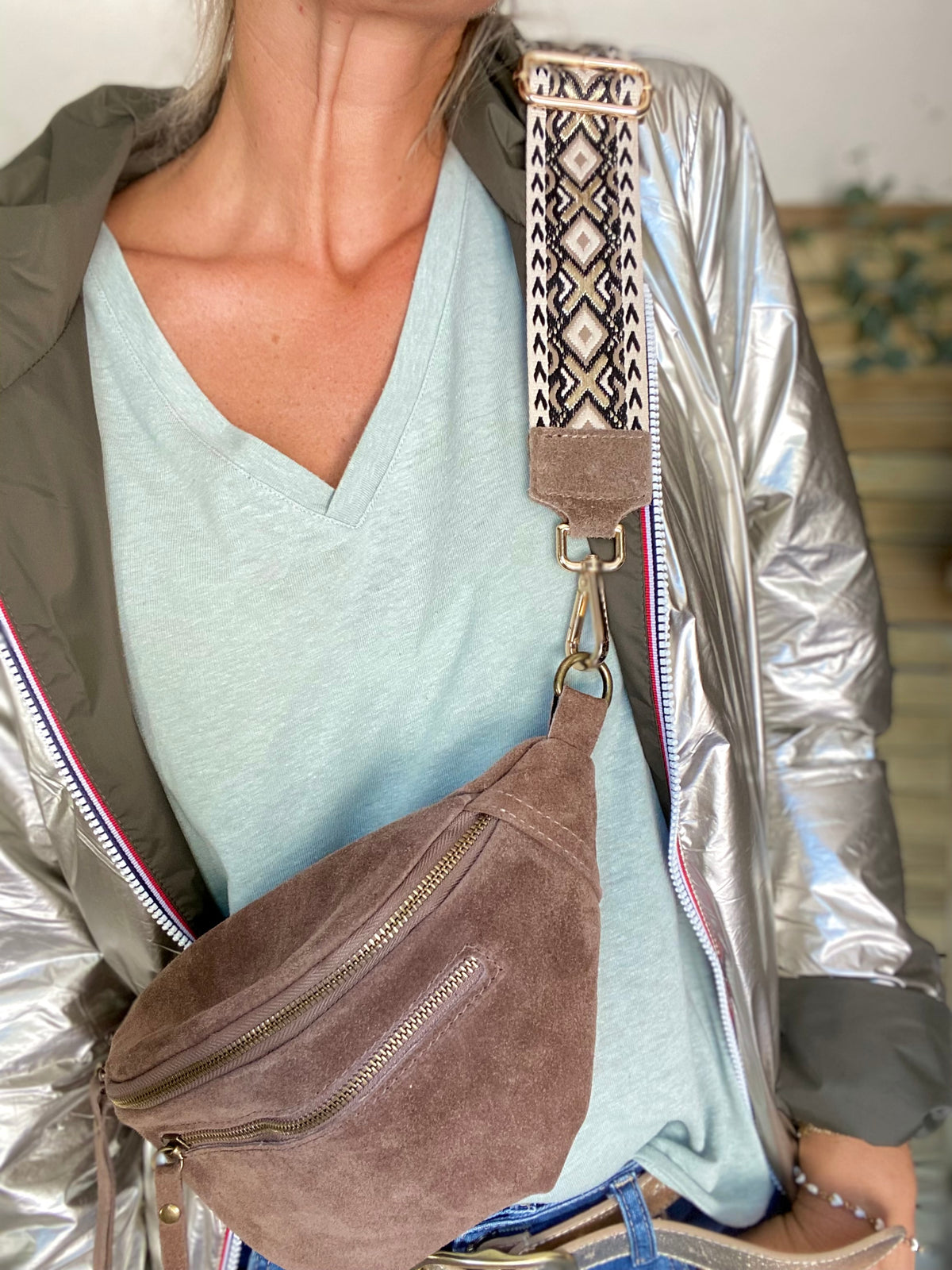Sac banane double poche en cuir daim - OPALINE - Taupe