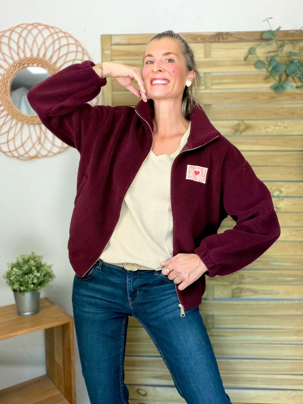 ⚡️ARRIVAGE • Veste teddy Sherpa zippée « Soleil » DORO Bordeaux