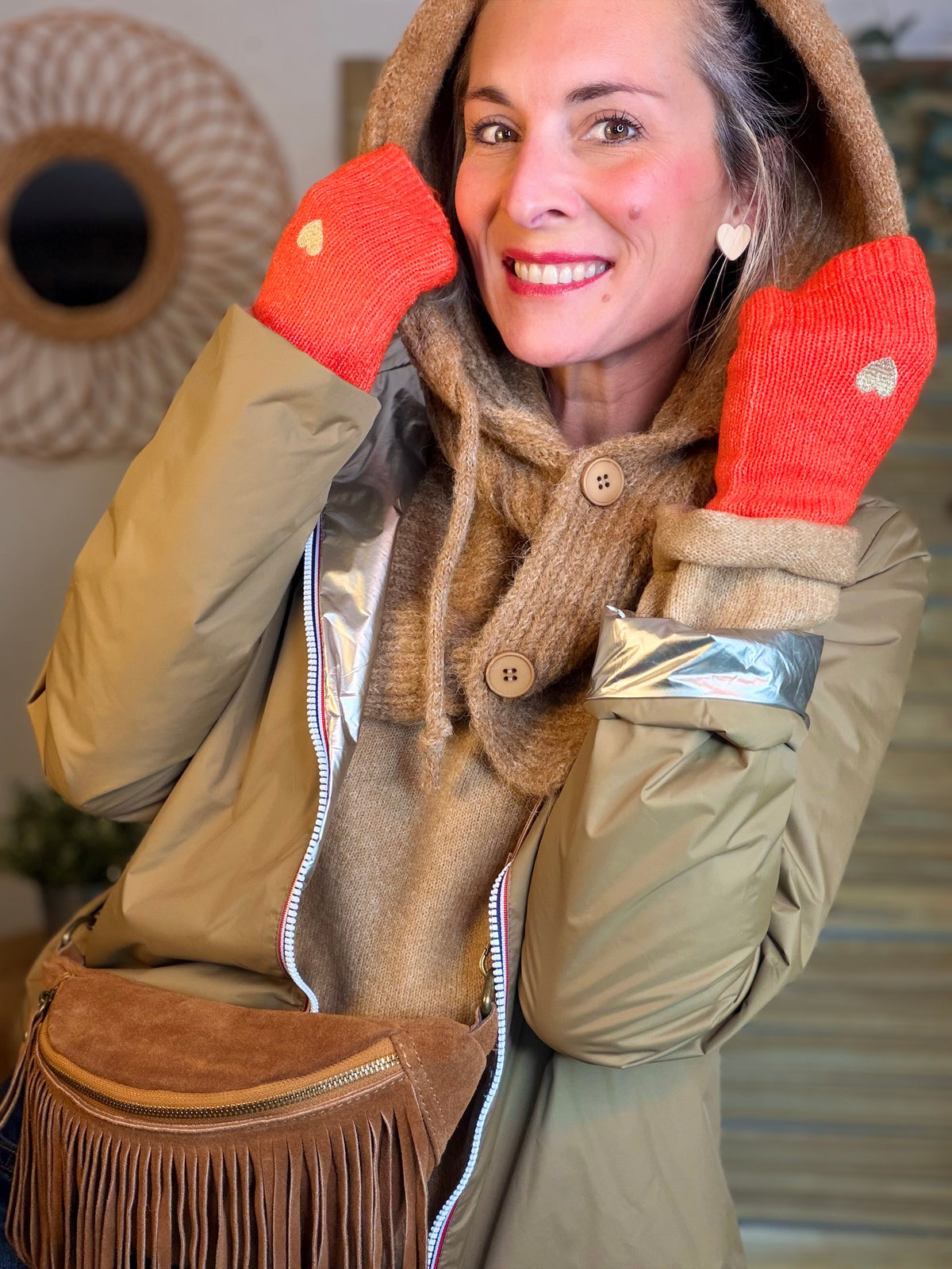 Col cagoule LORIE en maille avec boutons - Camel