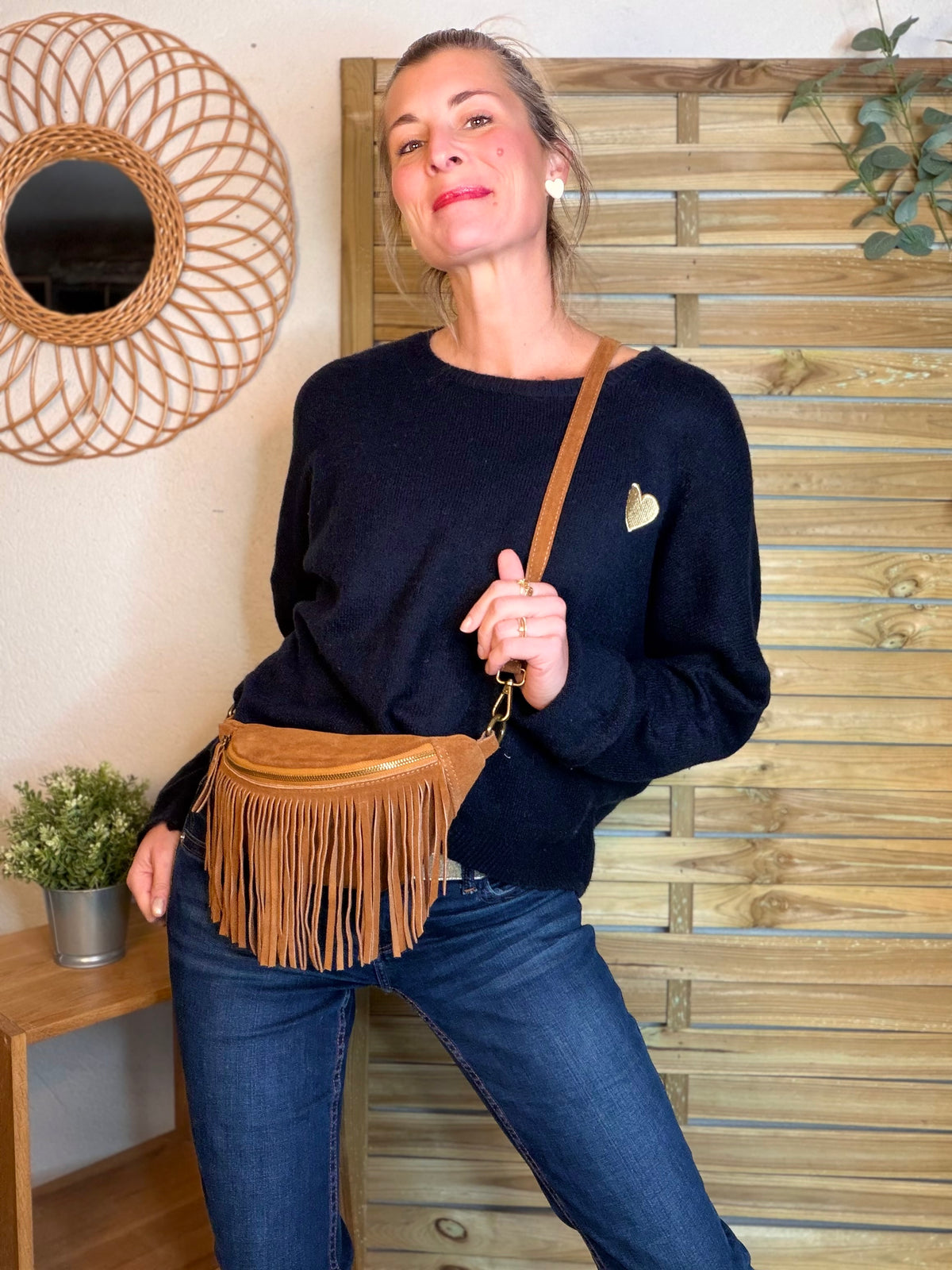Pull léger en maille cœur doré brodé 💛 MELISSA - Bleu marine
