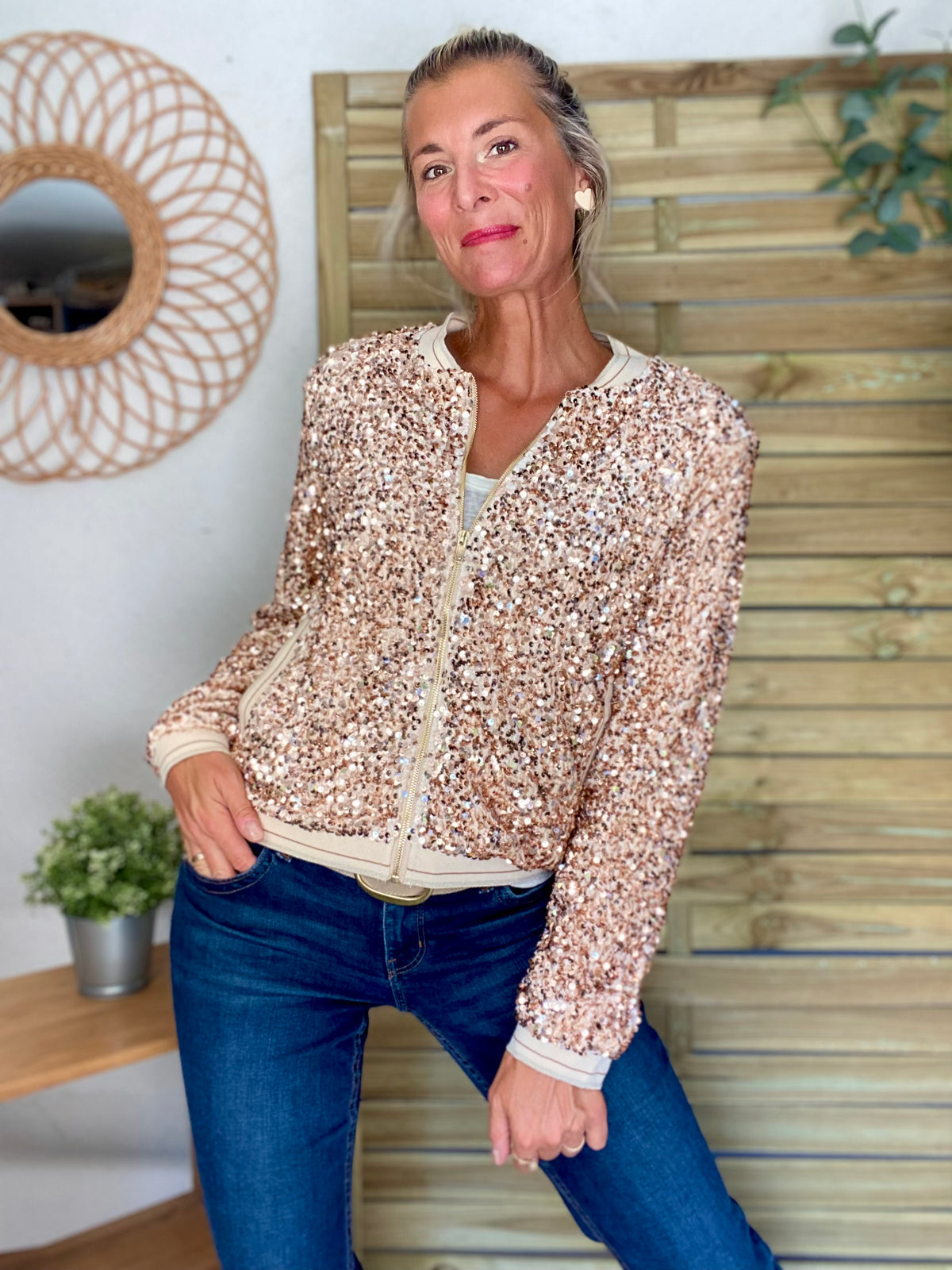 Veste bombers beige avec sequins Rose Gold KIM - FIN DE SÉRIE
