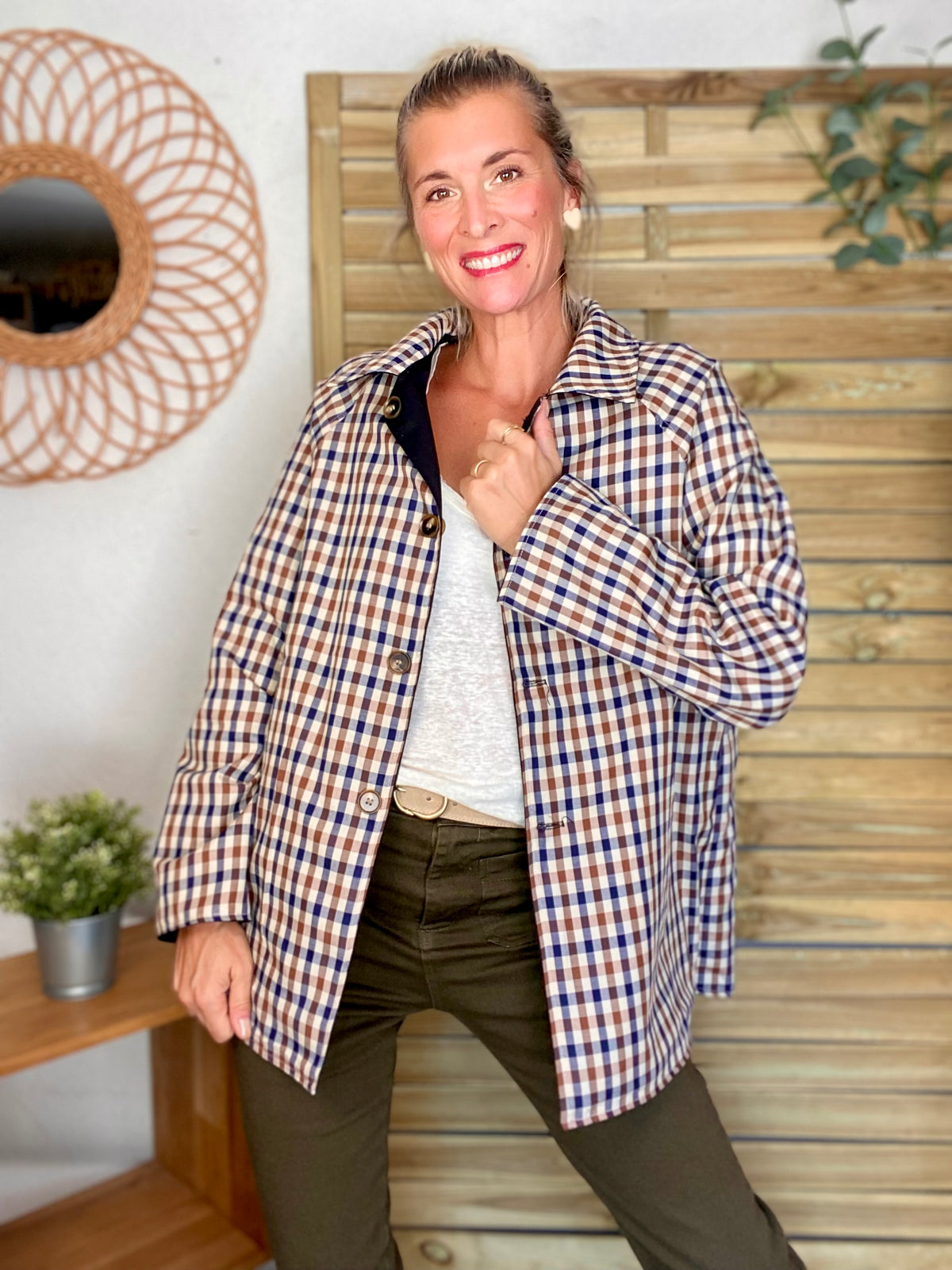 Veste Trench mi long réversible vichy LENA Noir - FIN DE SÉRIE