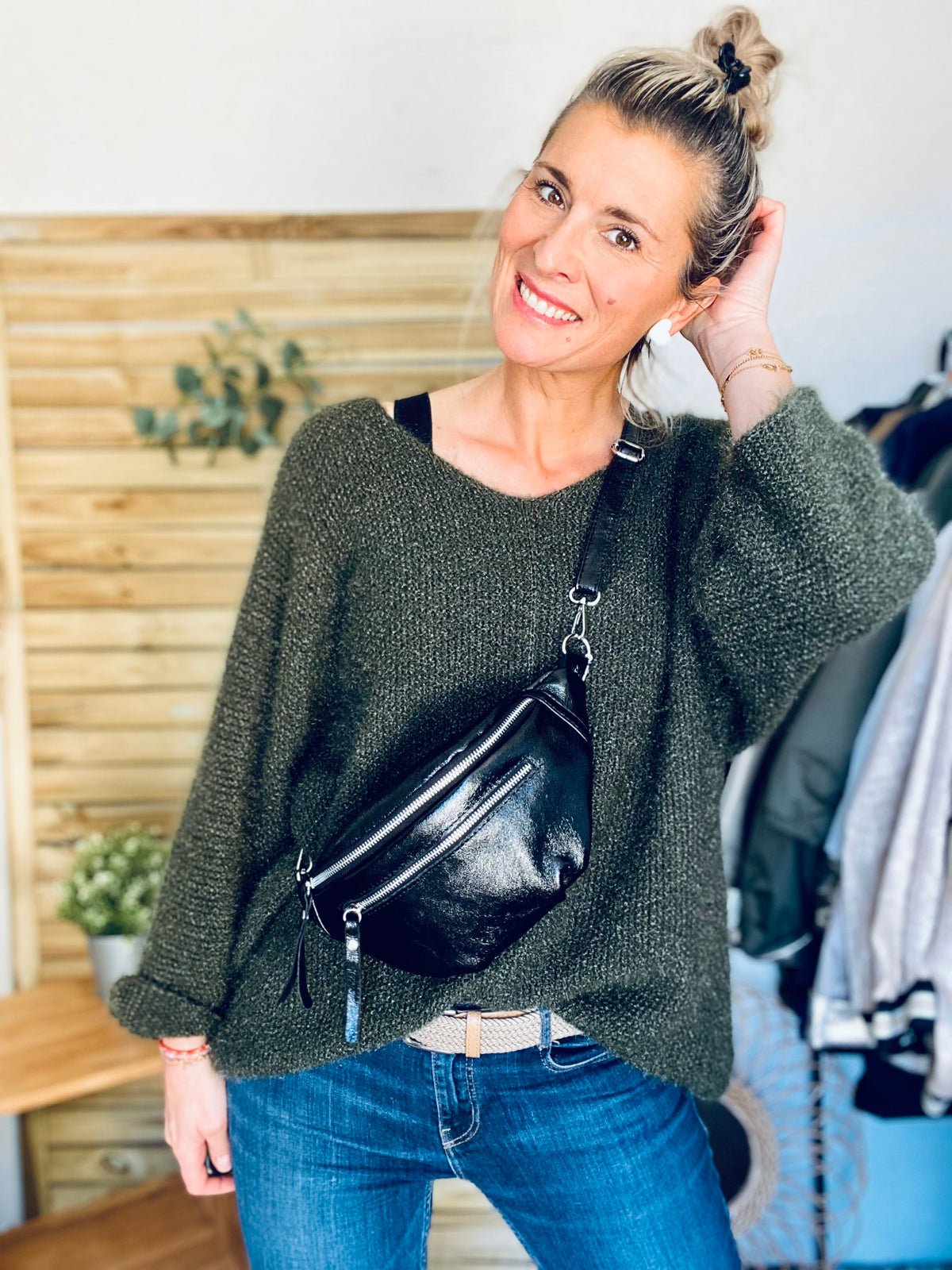 Sac banane en cuir irisé double poche - OPALE - Noir / Argent