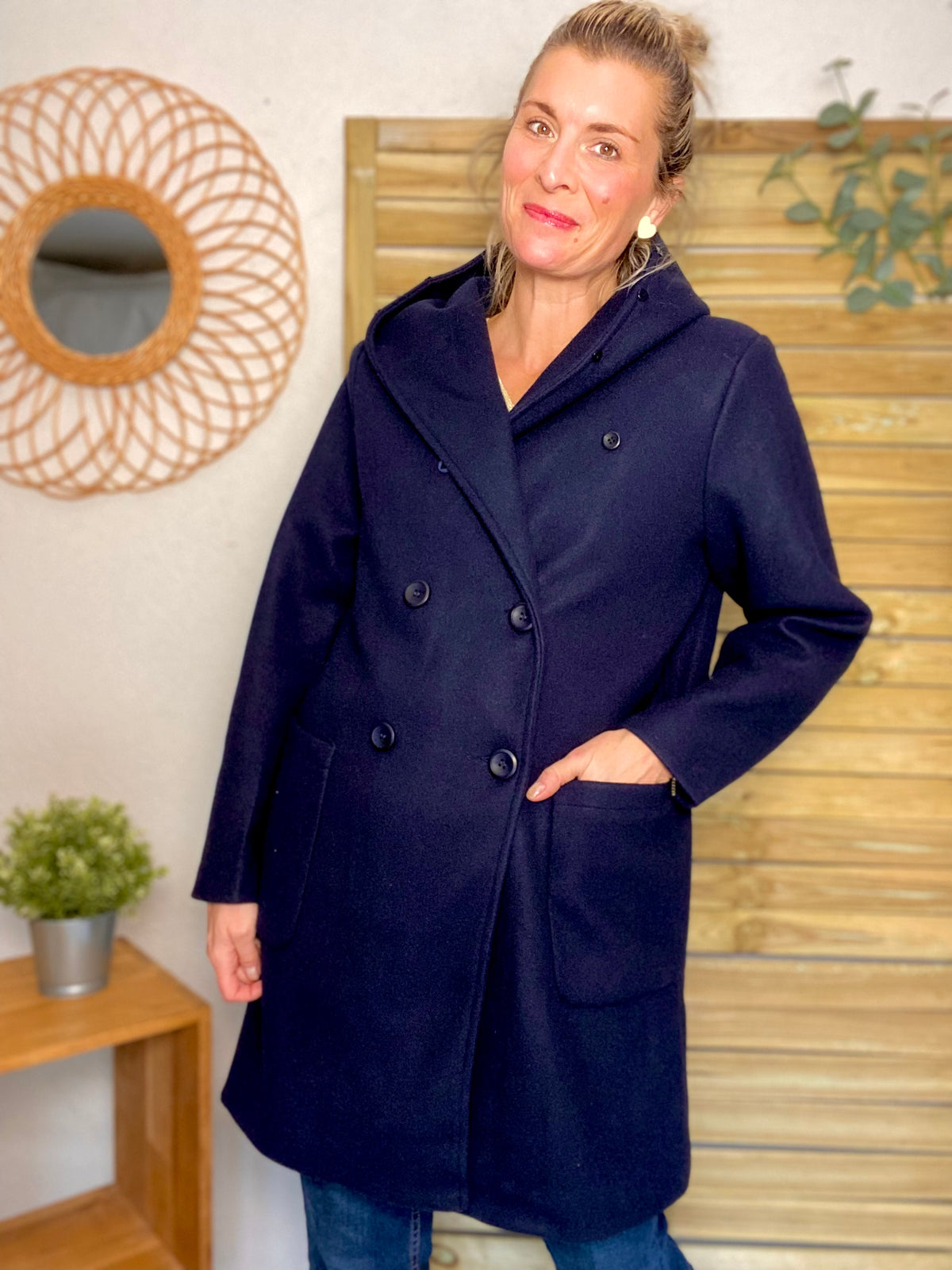 LAURA JO - Manteau caban ESTHER avec capuche et col fausse fourrure amovible - Bleu marine - FIN DE SÉRIE