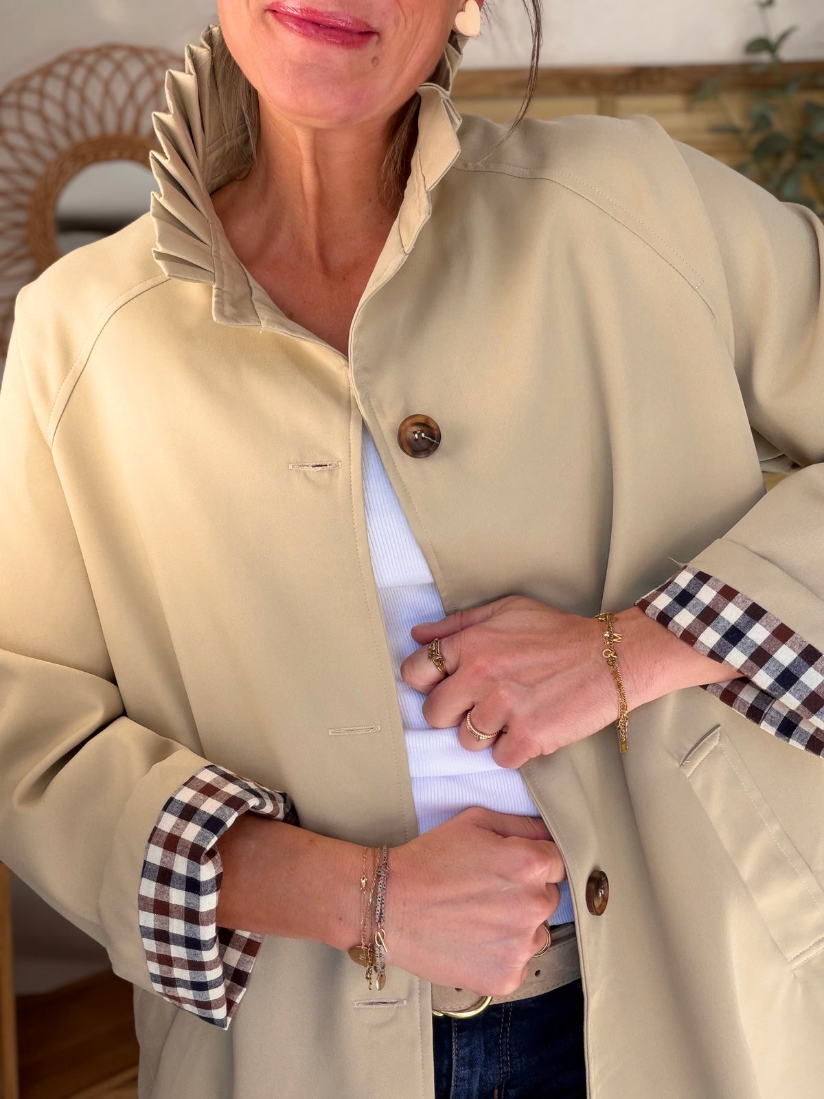 Veste Trench col victorien, revers carreaux - VICKY LONG Beige
