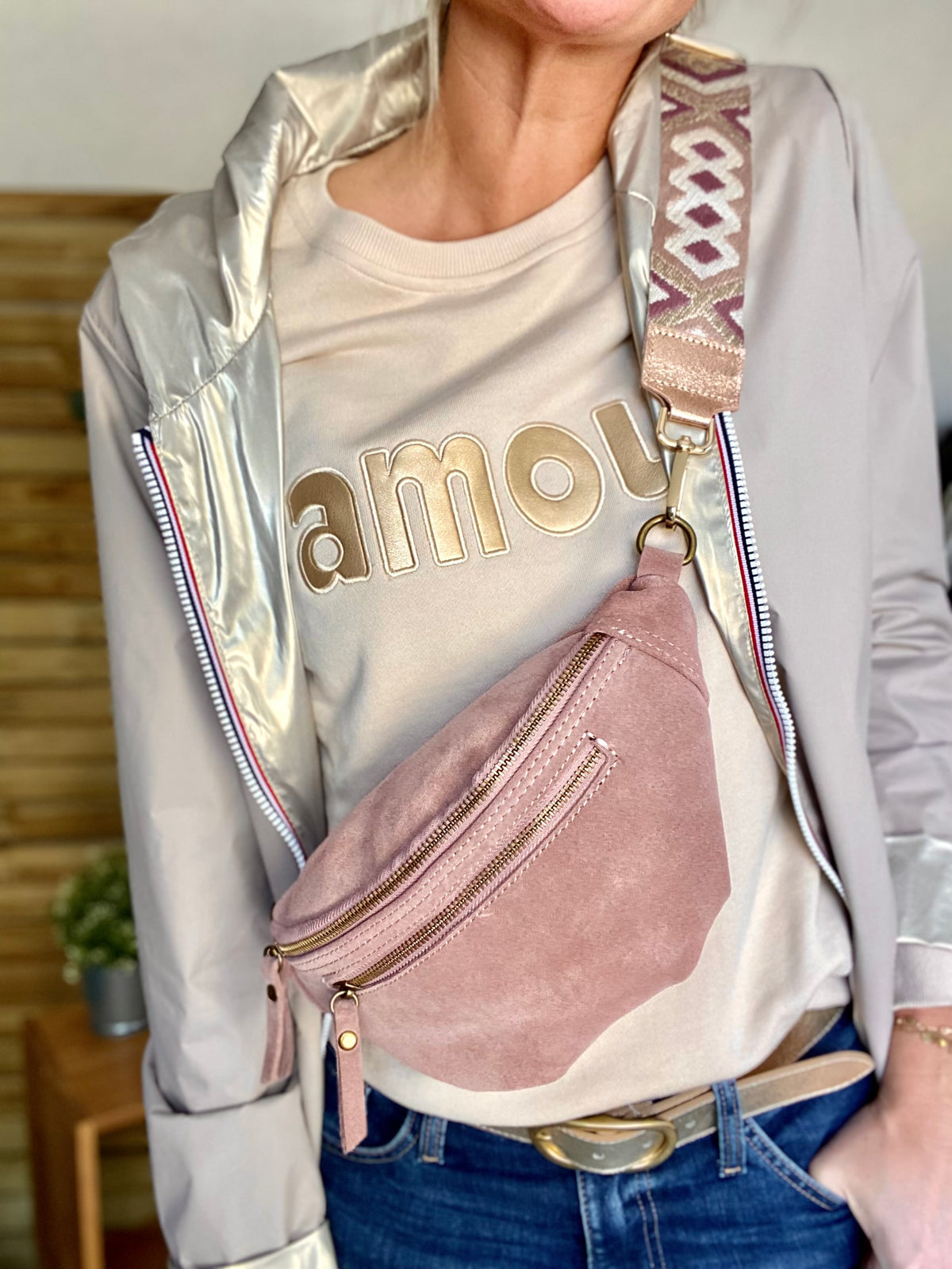 Sac banane double poche en cuir daim - OPALINE - Rose clair / Vieux rose