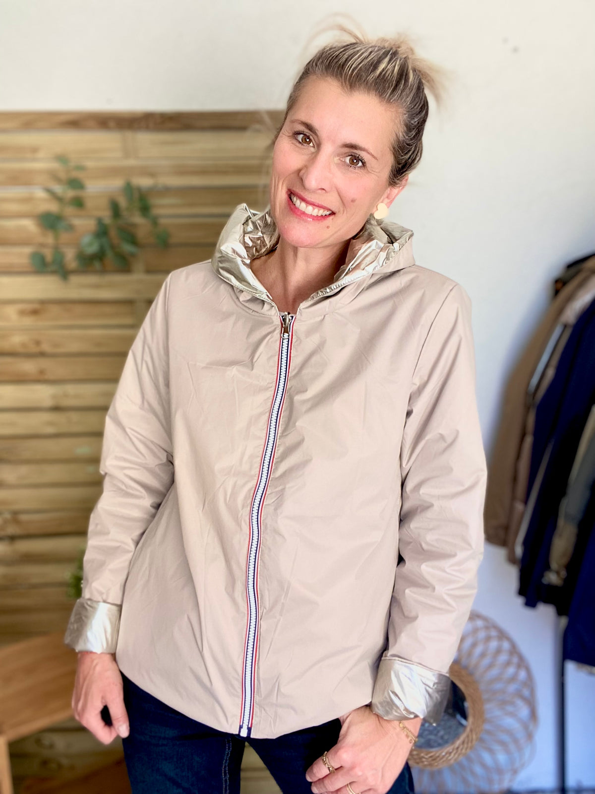 LAURA JO - Imperméable réversible rembourré LOUISON COURT - Beige / Doré • DÉSTOCKAGE sur Taille XL