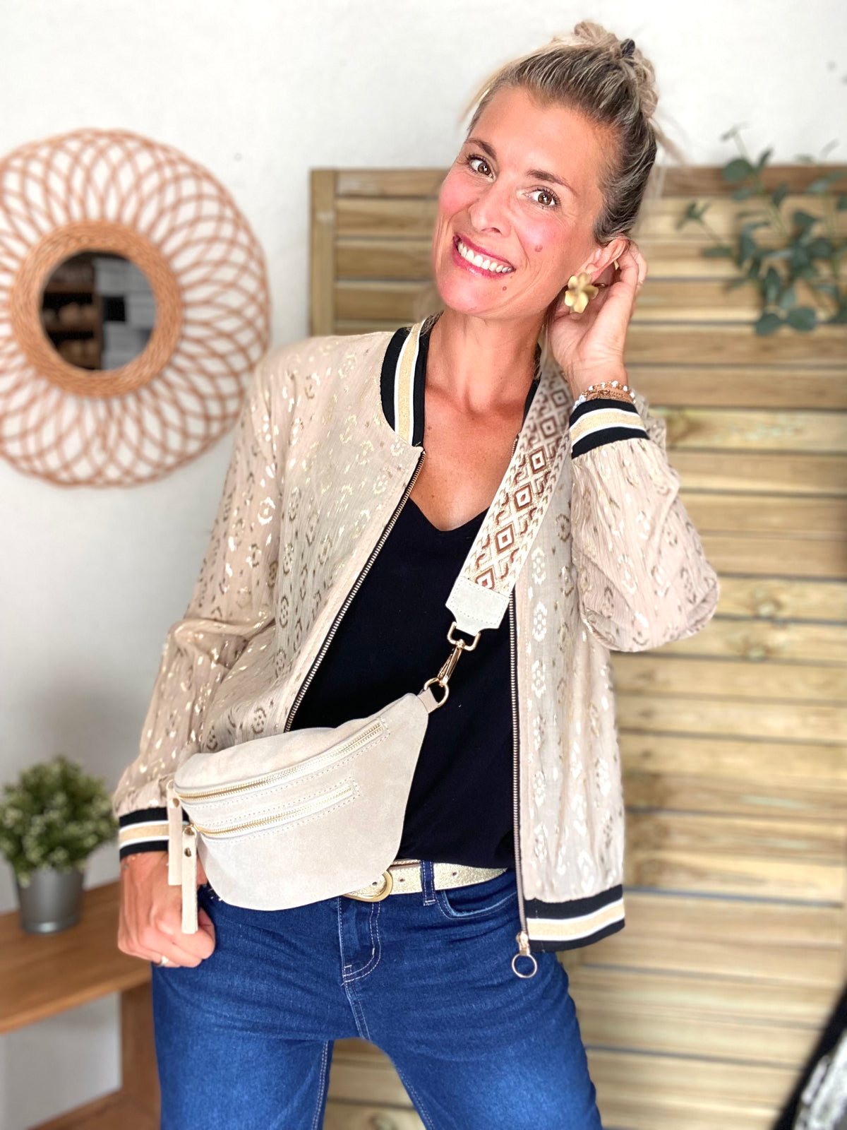 Veste bombers léger EMILY - imprimé Doré Beige (losanges)